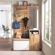Wardrobe Set with Mirror, Shoe Cabinet, Coat Rack, Bench, Hooks - White and Wood-colored