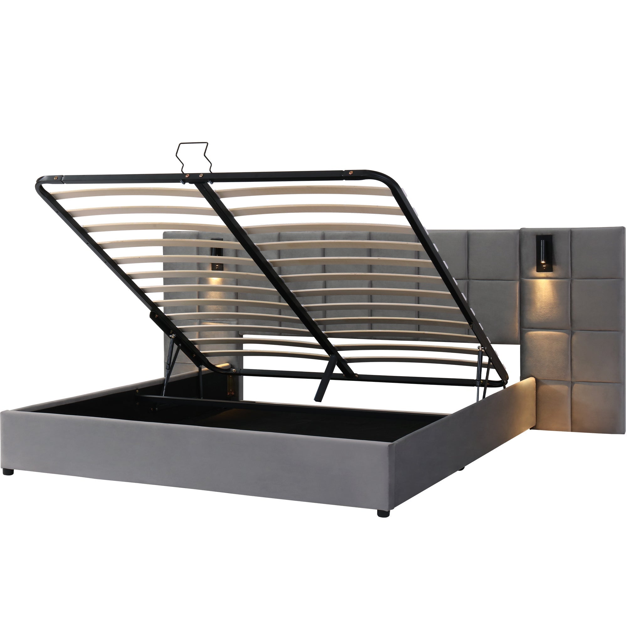 Upholstered Bed with Hydraulic Storage, Lamp and USB Charging, 180x200cm, Grey Velvet