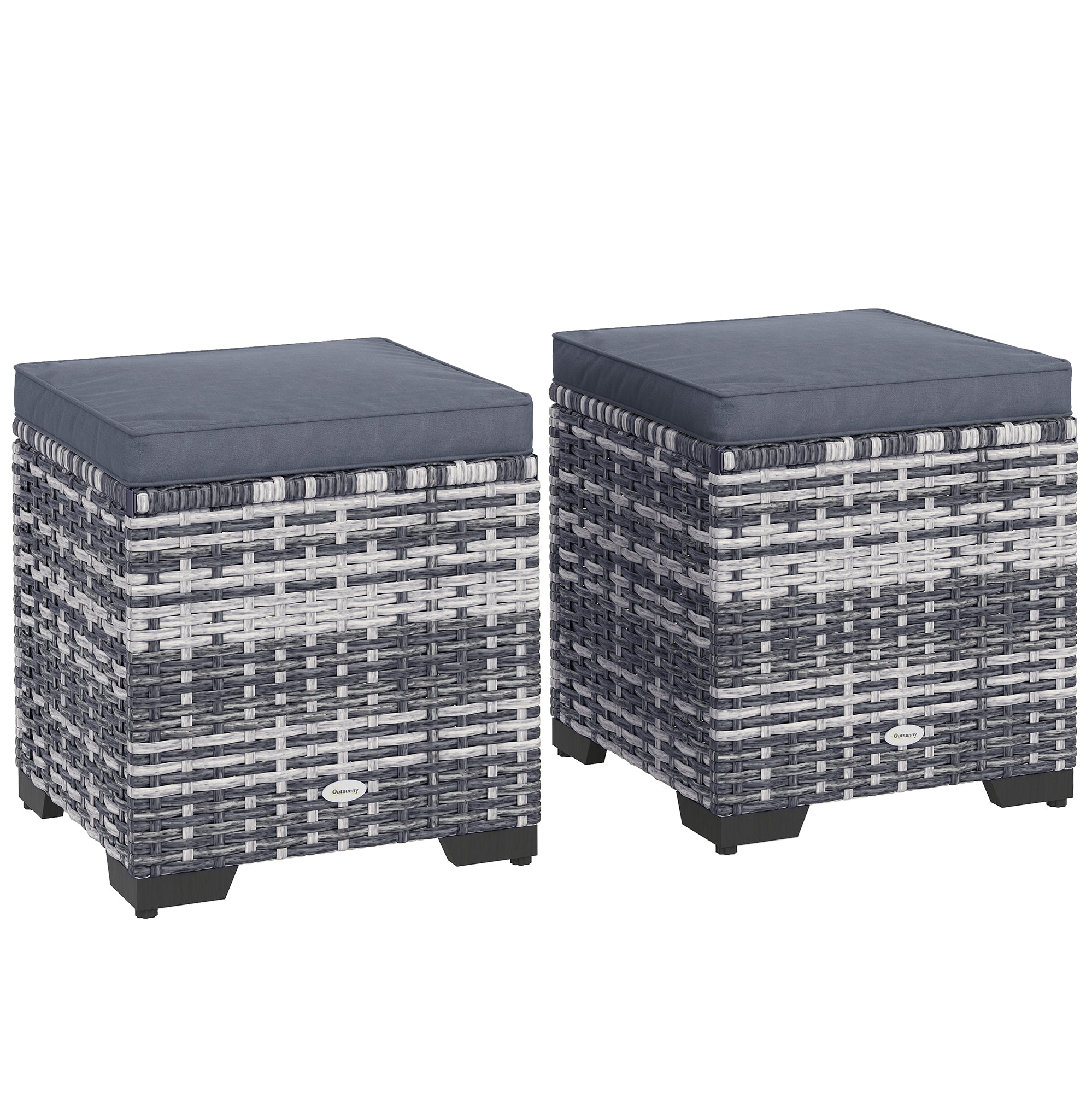 Set of 2 Rattan Storage Ottoman, Outdoor Footstool with Removable Cushions, Dark Grey