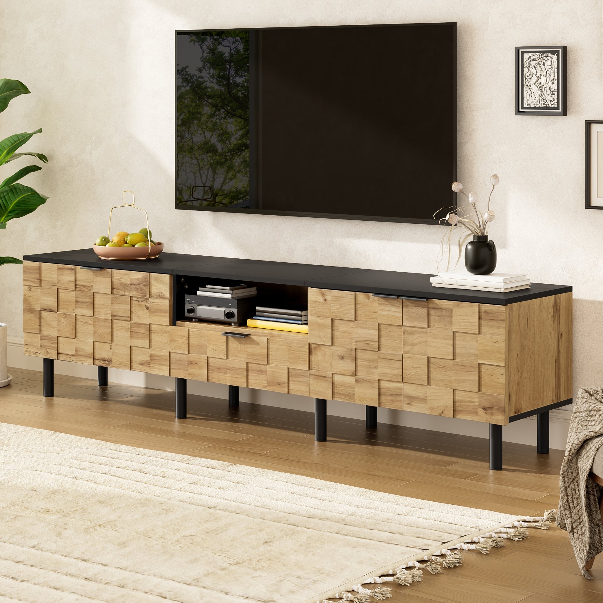 Mosaic TV Cabinet with 2-Door Drawer and Open Compartment, Wood Look Chipboard
