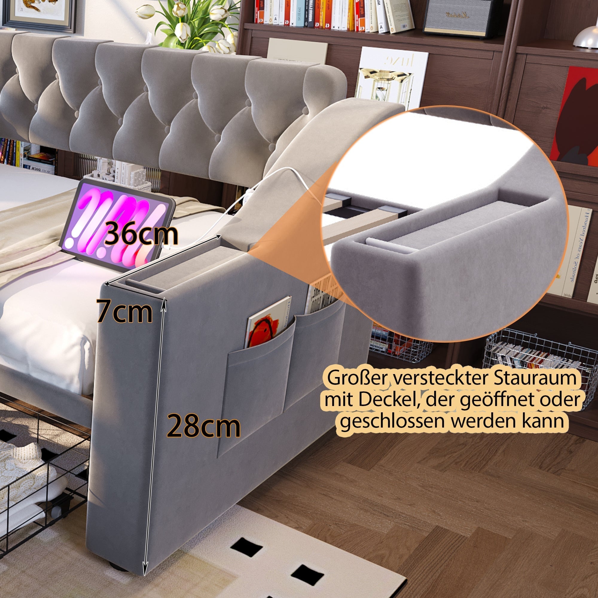 Upholstered Sofa Bed 90x190cm USB Charging Armrest Storage Drawer Light Grey Velvet