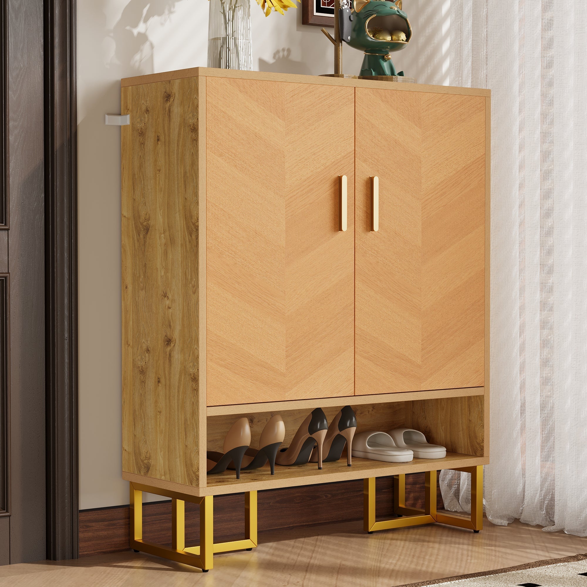 Narrow Shoe Cabinet Modern Minimalist 2-Door Storage - Wood Grain/Golden Frame