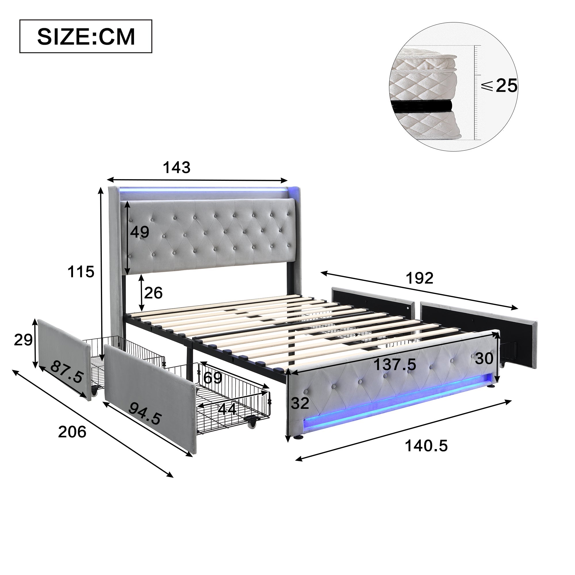 Upholstered Bed, 4ft6 Double with 4 Drawers, Light Strips & Charging Socket, Grey Velvet