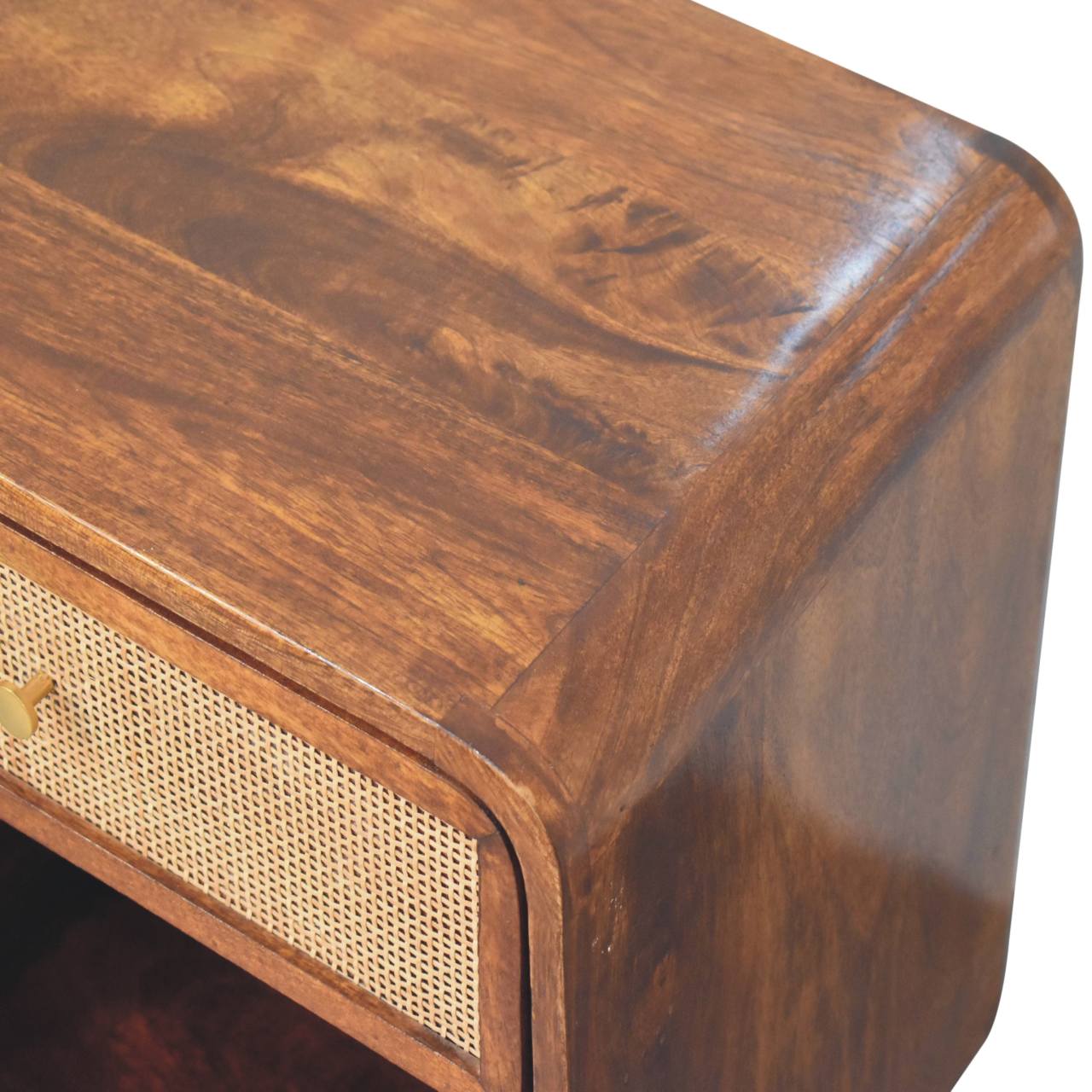 Solid Wood Bedside, Open Woven 1 Drawer, Dark Brown Chestnut