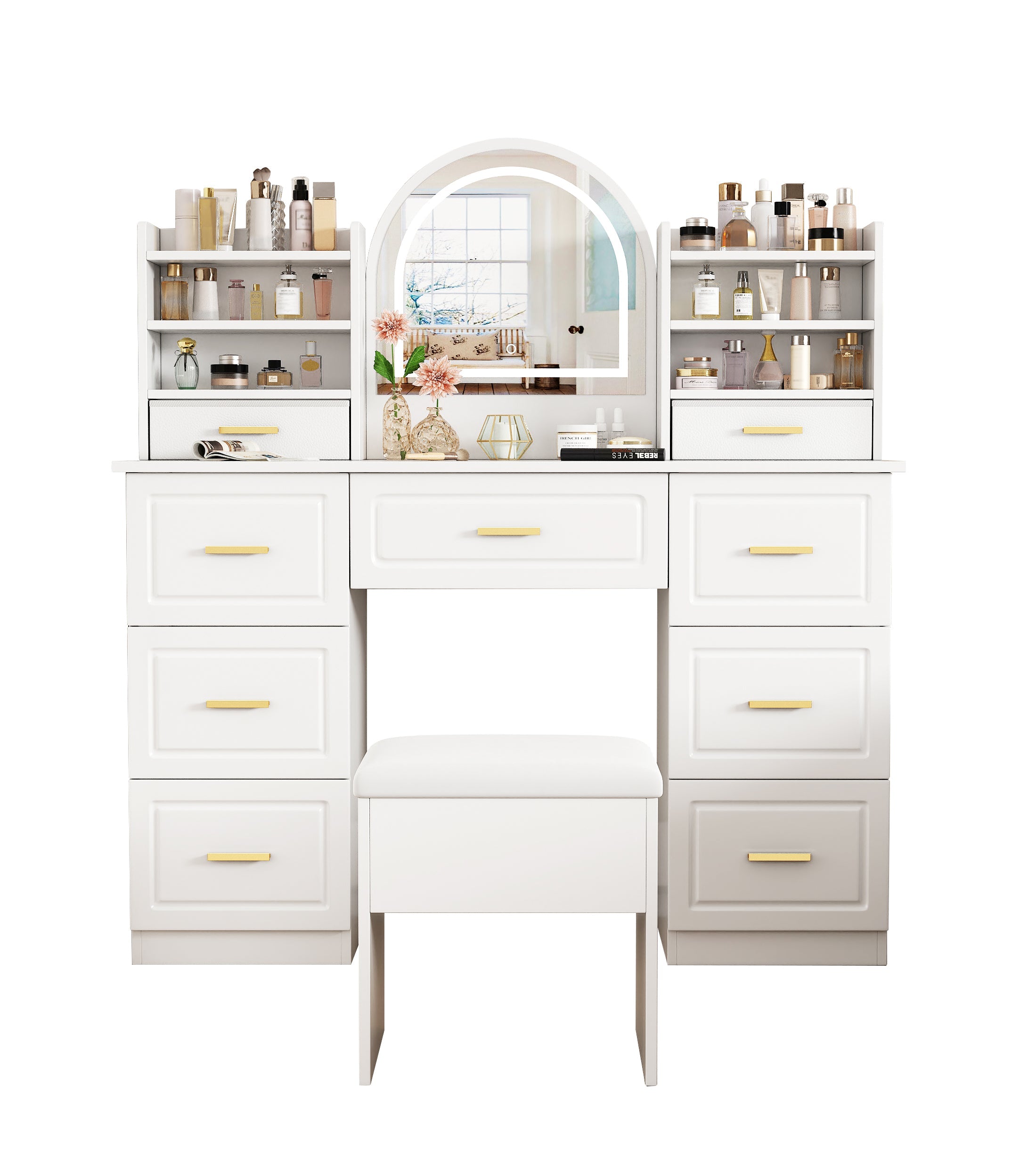 Dressing table with mirror, LED lighting, 9 drawers, white