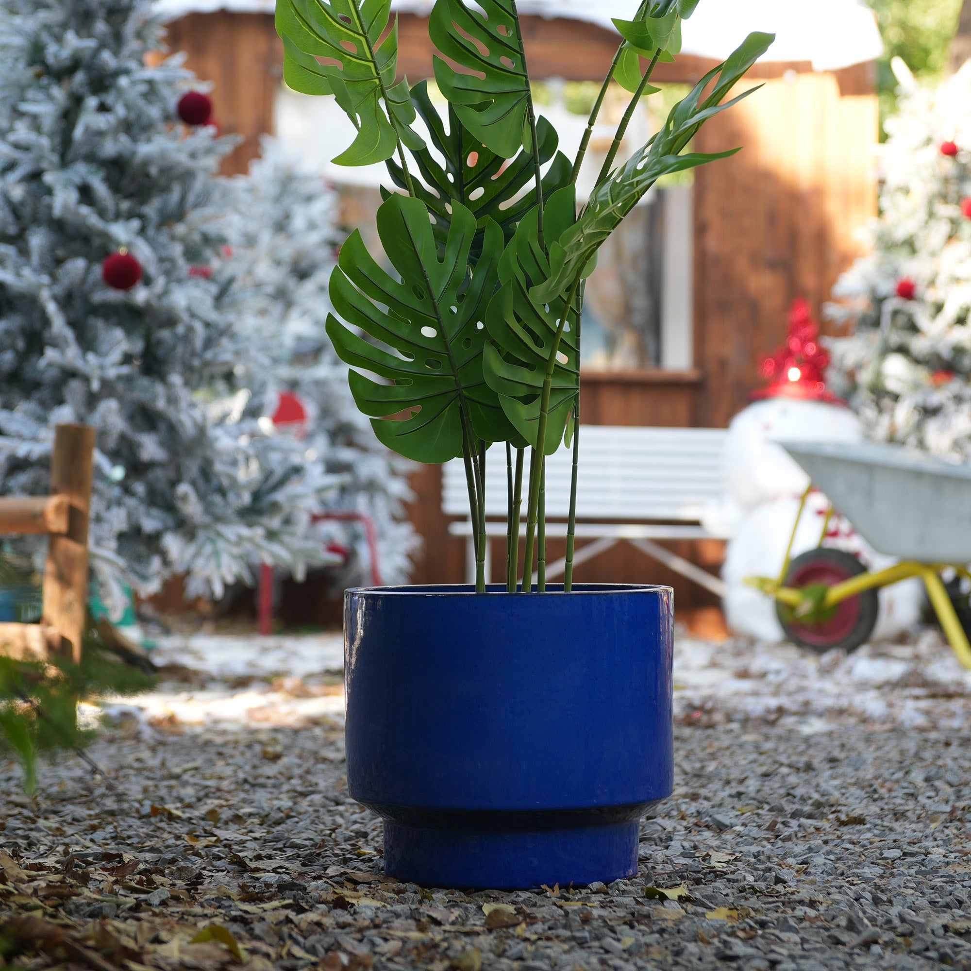 3-Piece Plant Pot Set, Handmade Sizes Ø 38.1/30.5/22.9 cm, Blue Glazed Ceramic