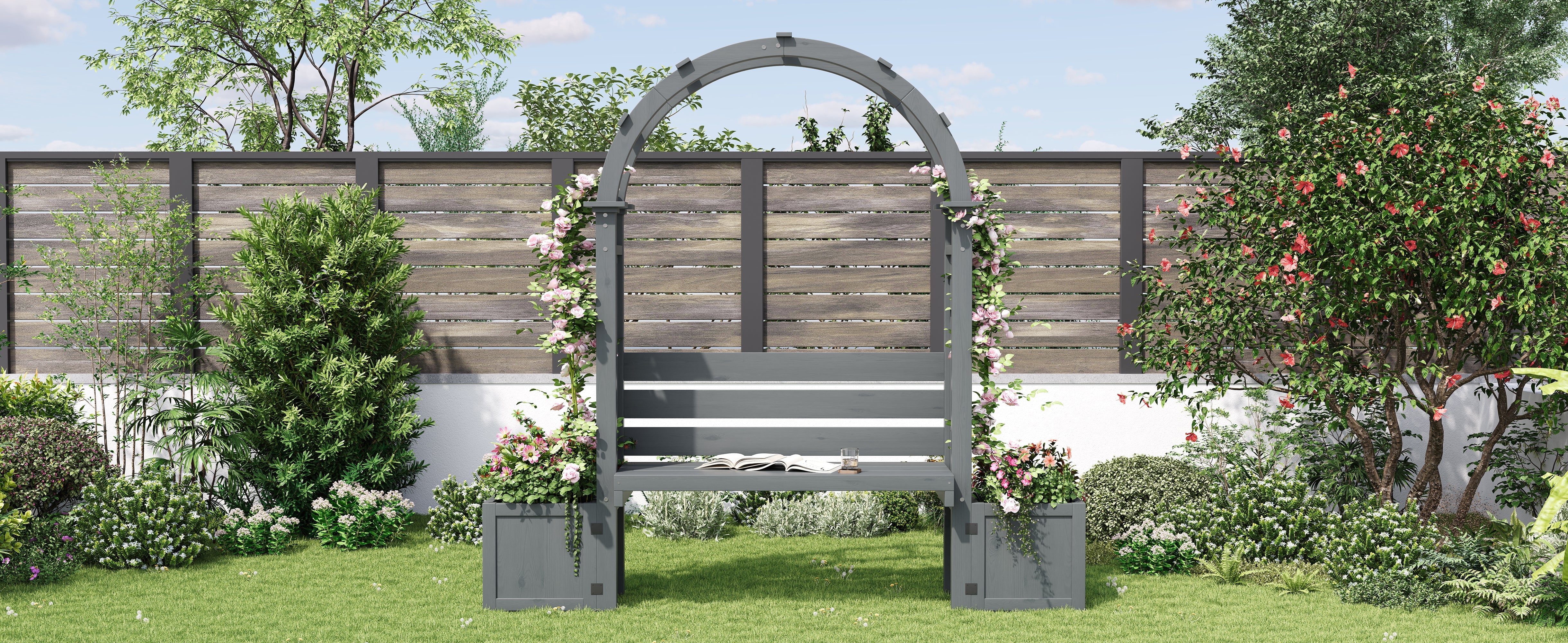 Planter with Trellis and Seating for Garden Yard and Patio, Wood
