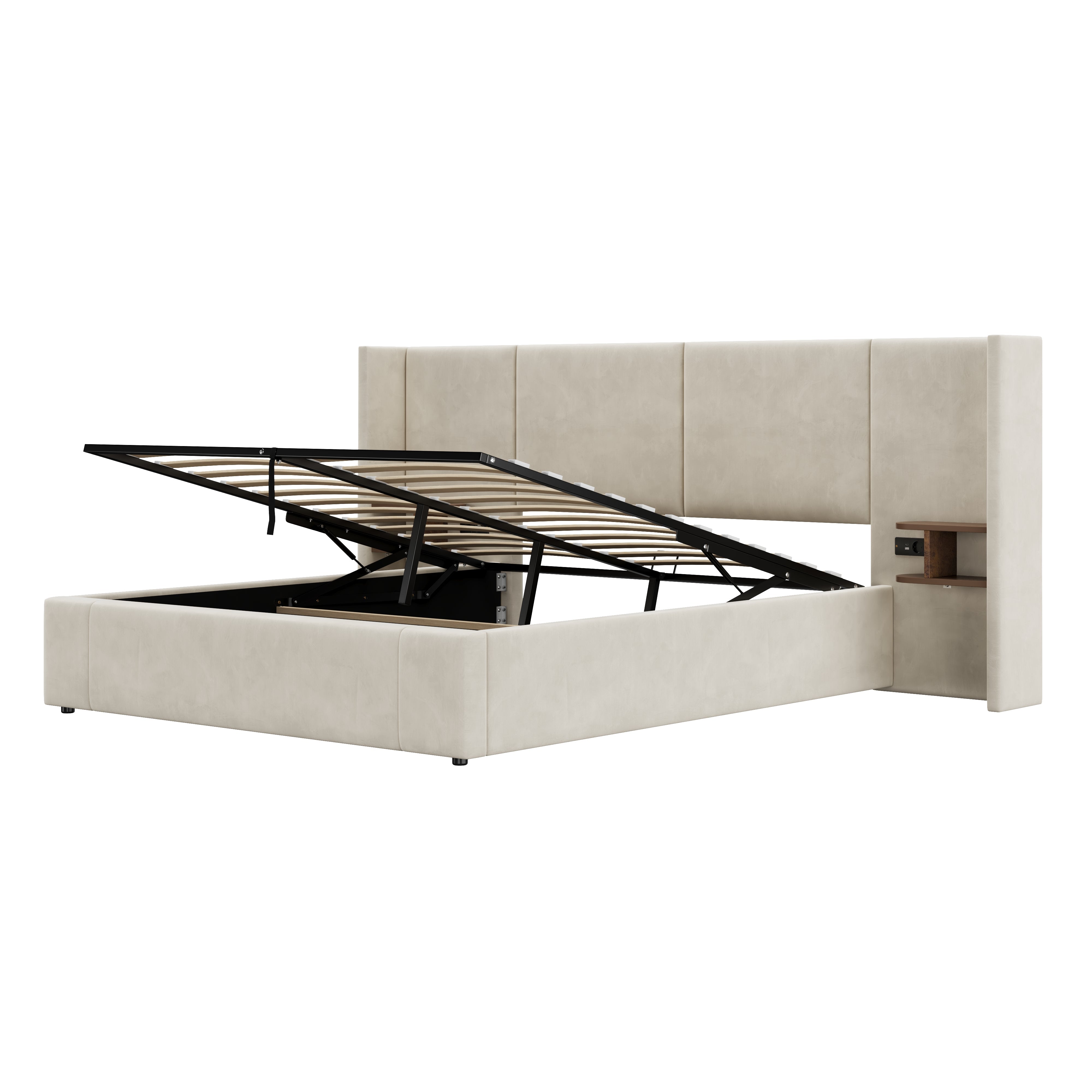 Upholstered Storage Bed with Hydraulic Lift, USB Charging & Two Bedside Tables, Beige