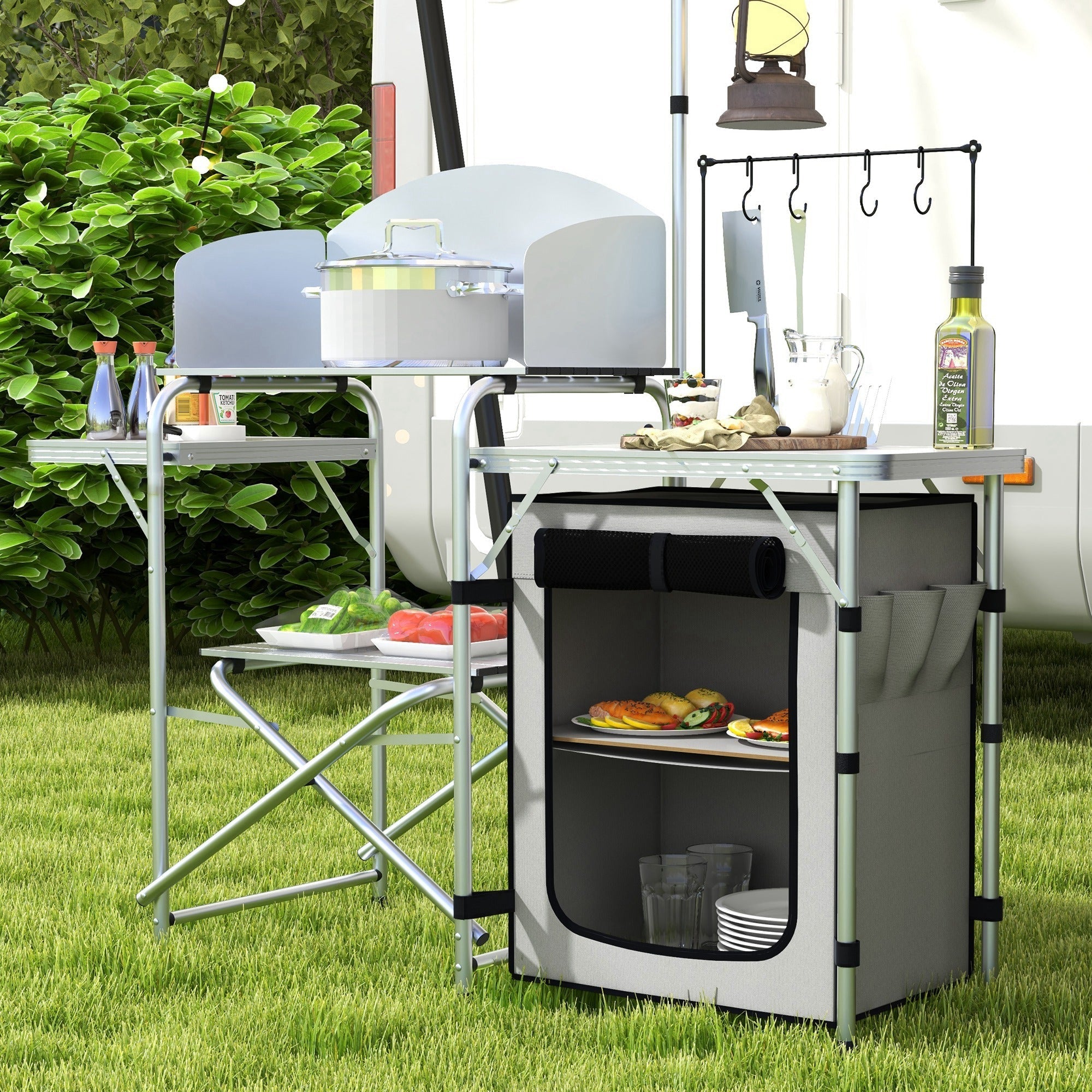 Folding Camping Kitchen, UV & Wind Protection, 3 Worktops, Aluminum