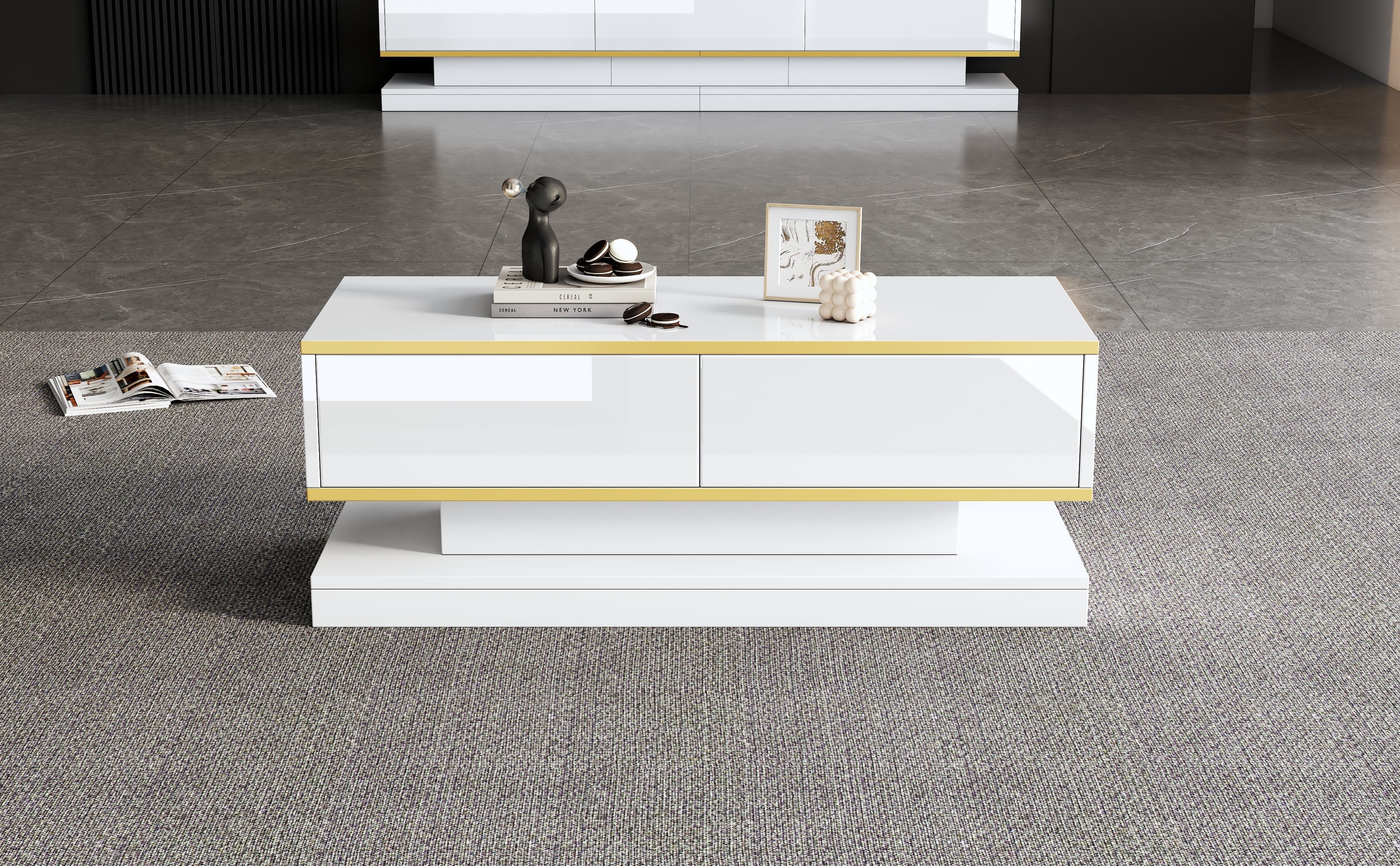 Coffee Table 100x50x38cm High Gloss with 2 Drawers, Warm White and Gold Edge