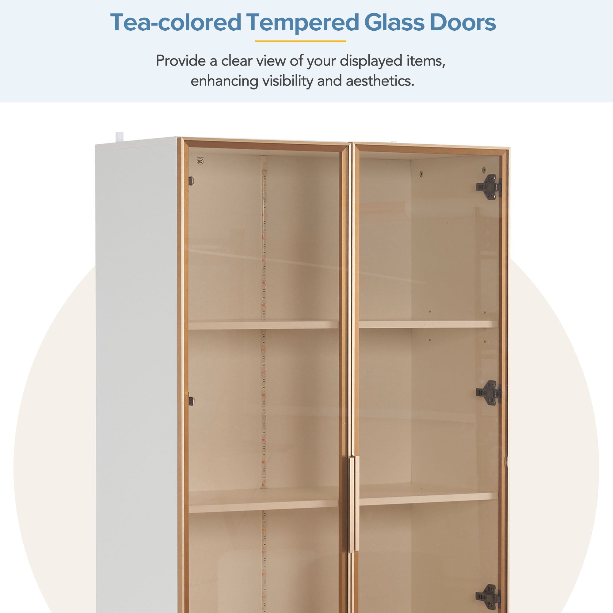Modern Living Room Set: Two Glass Display Cabinets with LED Lighting, Adjustable Shelves, White Platinum Finish