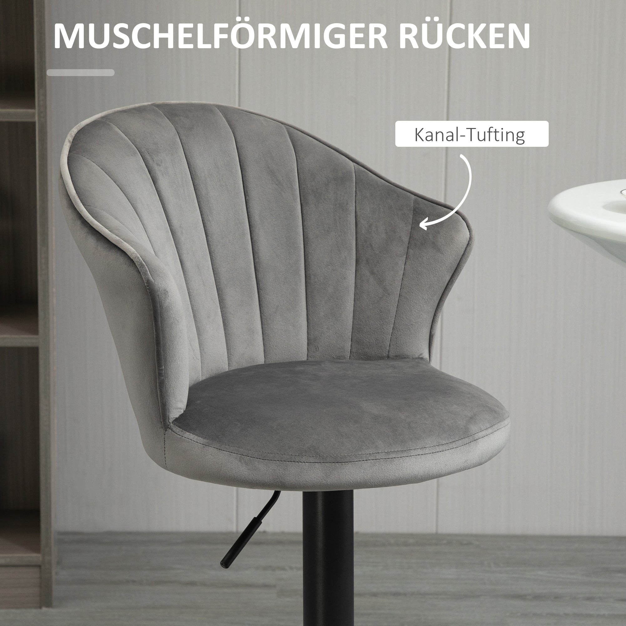 Set of 2 Bar Stools, Swivel Height-Adjustable with Backrest, Velvet Grey