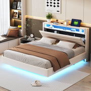 Upholstered Bed 160x200 cm, USB & LED, Reversible Headboard, Linen Fabric Beige