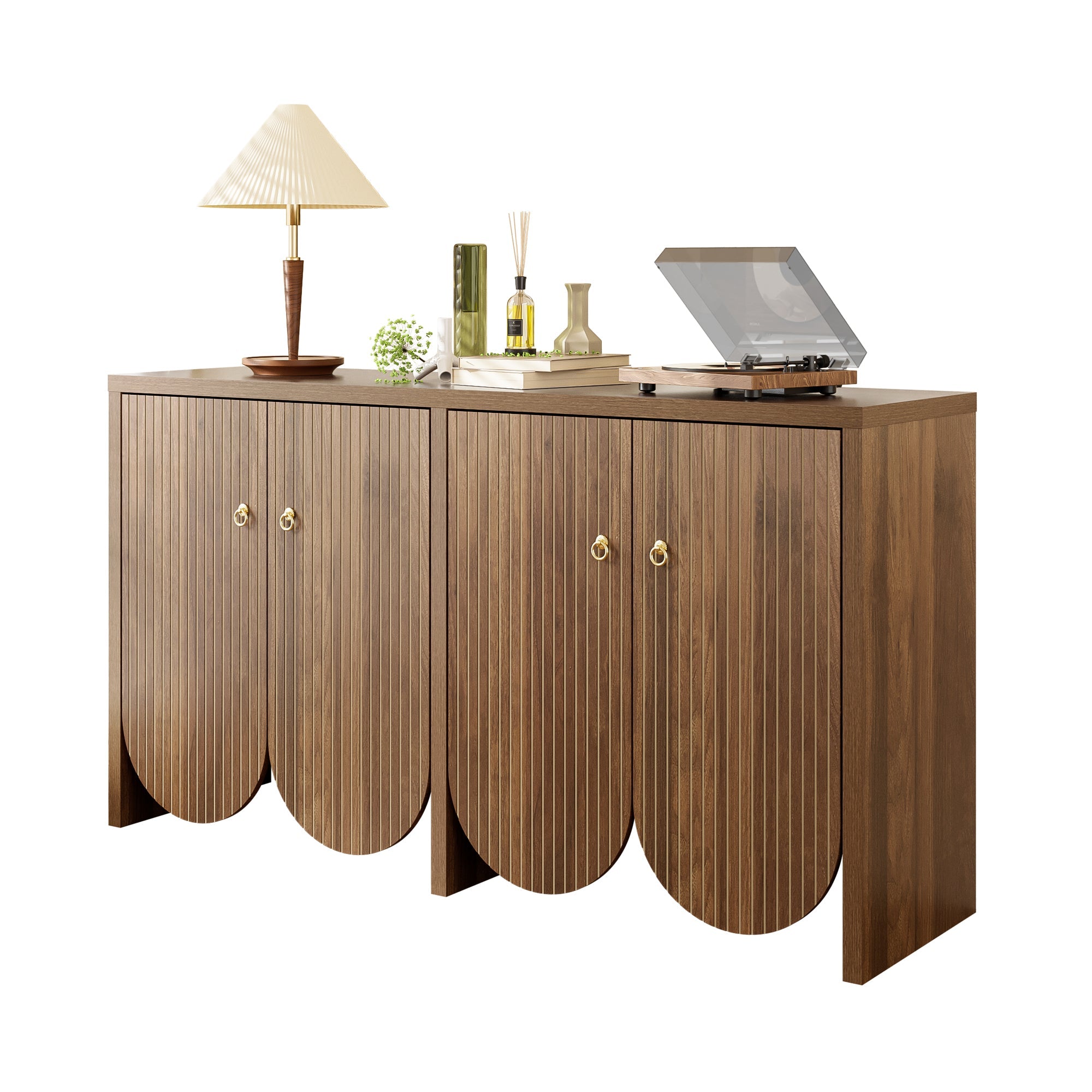 Sideboard Storage Cabinet 4 Doors Adjustable Shelves, Walnut Finish