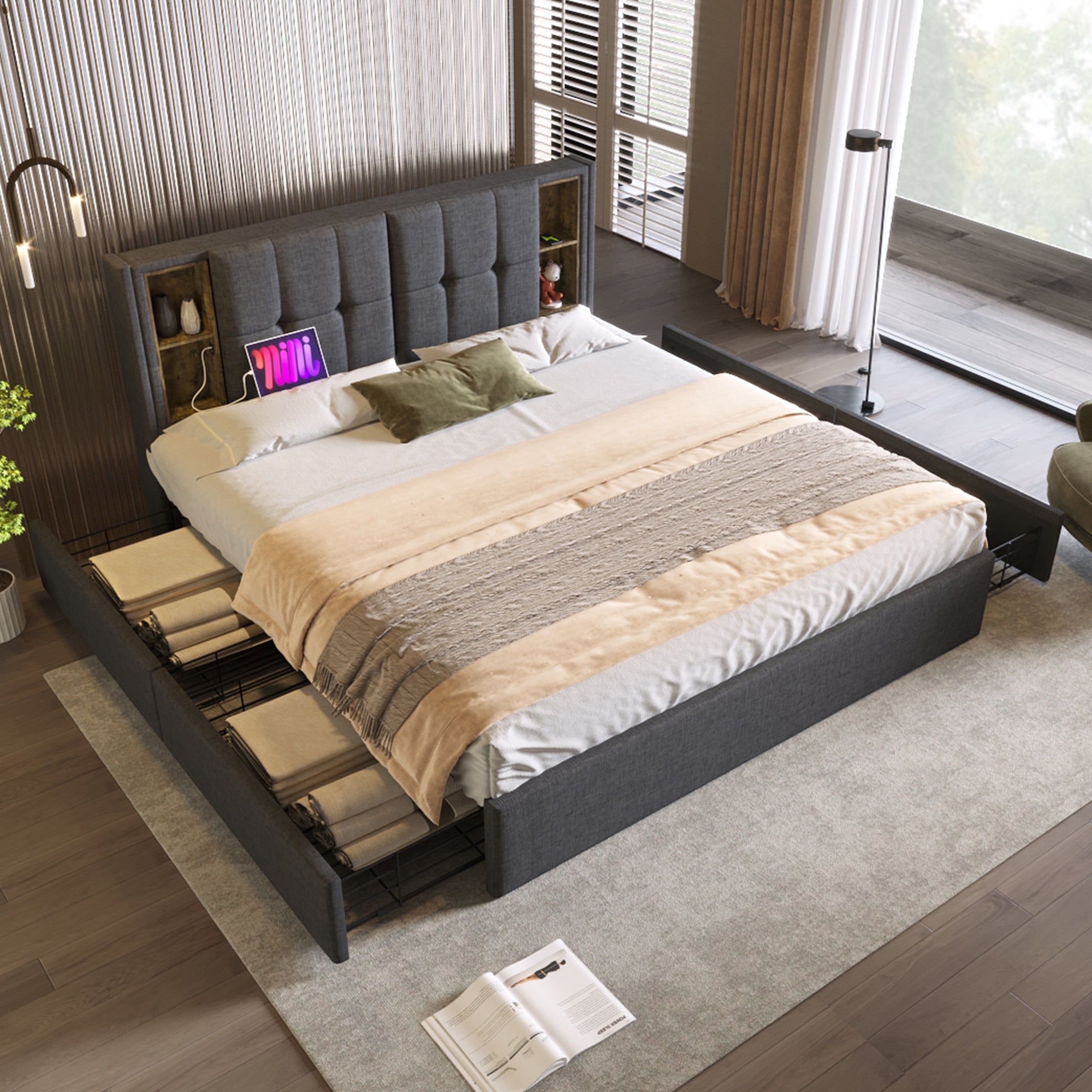 Double Bed, Wireless Charging & 4 Drawers, 160x200cm Grey Linen