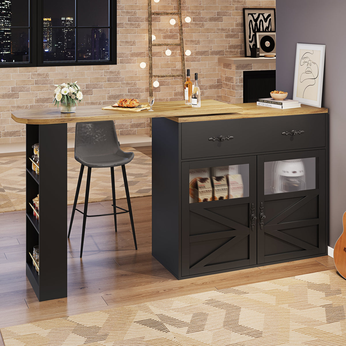 Bar Table Extendable 360° Rotating Storage Sideboard - Black