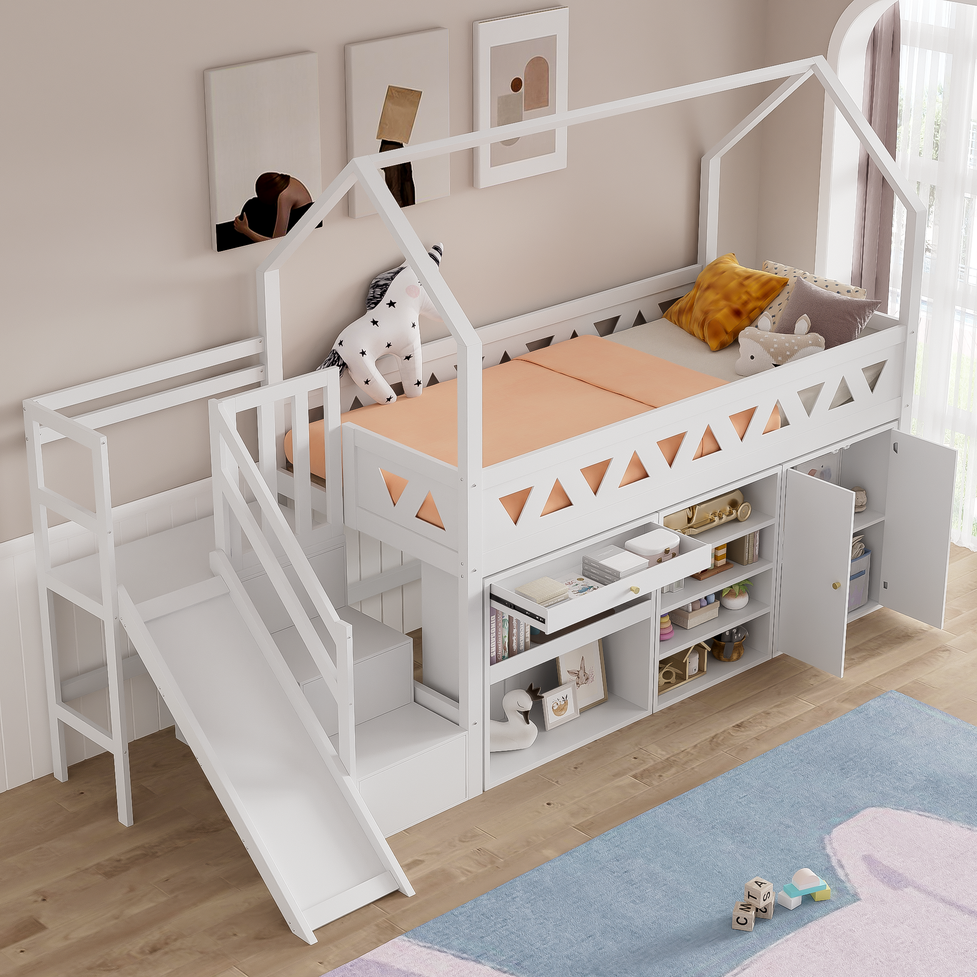 Children's Bed 90x200cm with Slide Stairs Drawers Locker - Solid Wood White