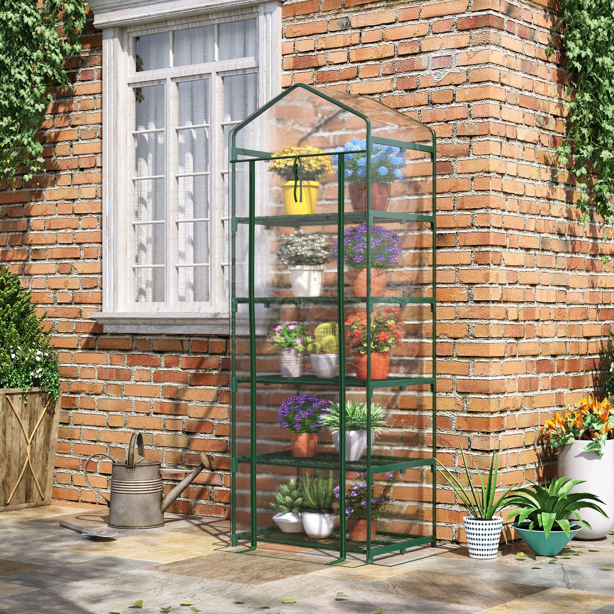 5 Tier Mini Greenhouse, Walk-in with Reinforced Plastic Cover, Green