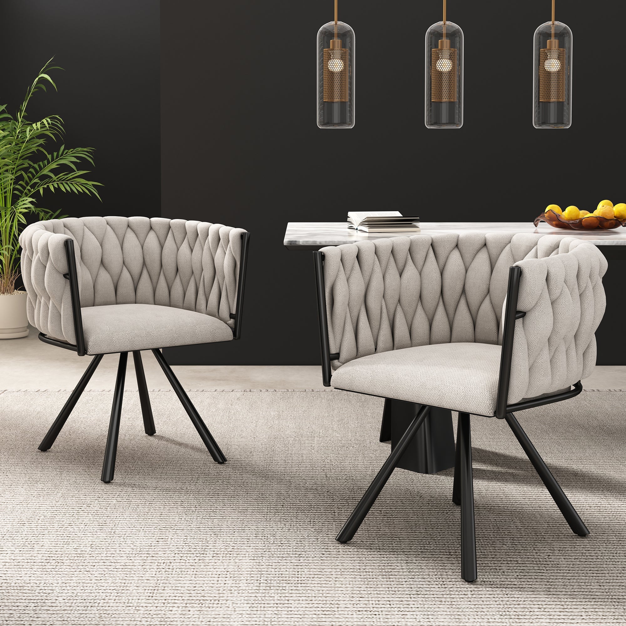 Linen Dining Chairs, Set of 2, Swivel Design with Metal Support Legs, Beige and Black Linen