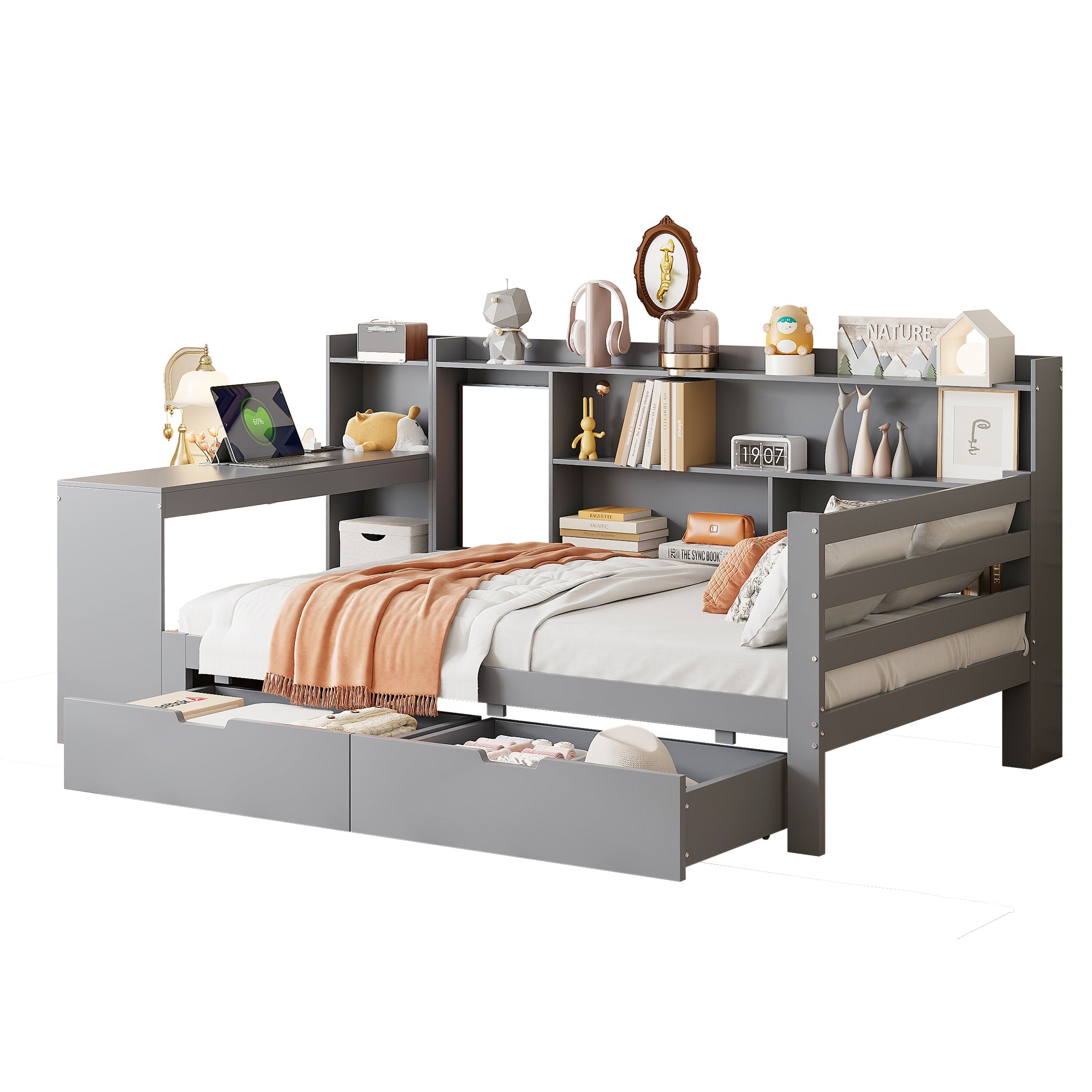 Sofa Bed, Multifunctional with Desk, Bookshelf, Storage & Power Outlet, Solid Wood, Grey