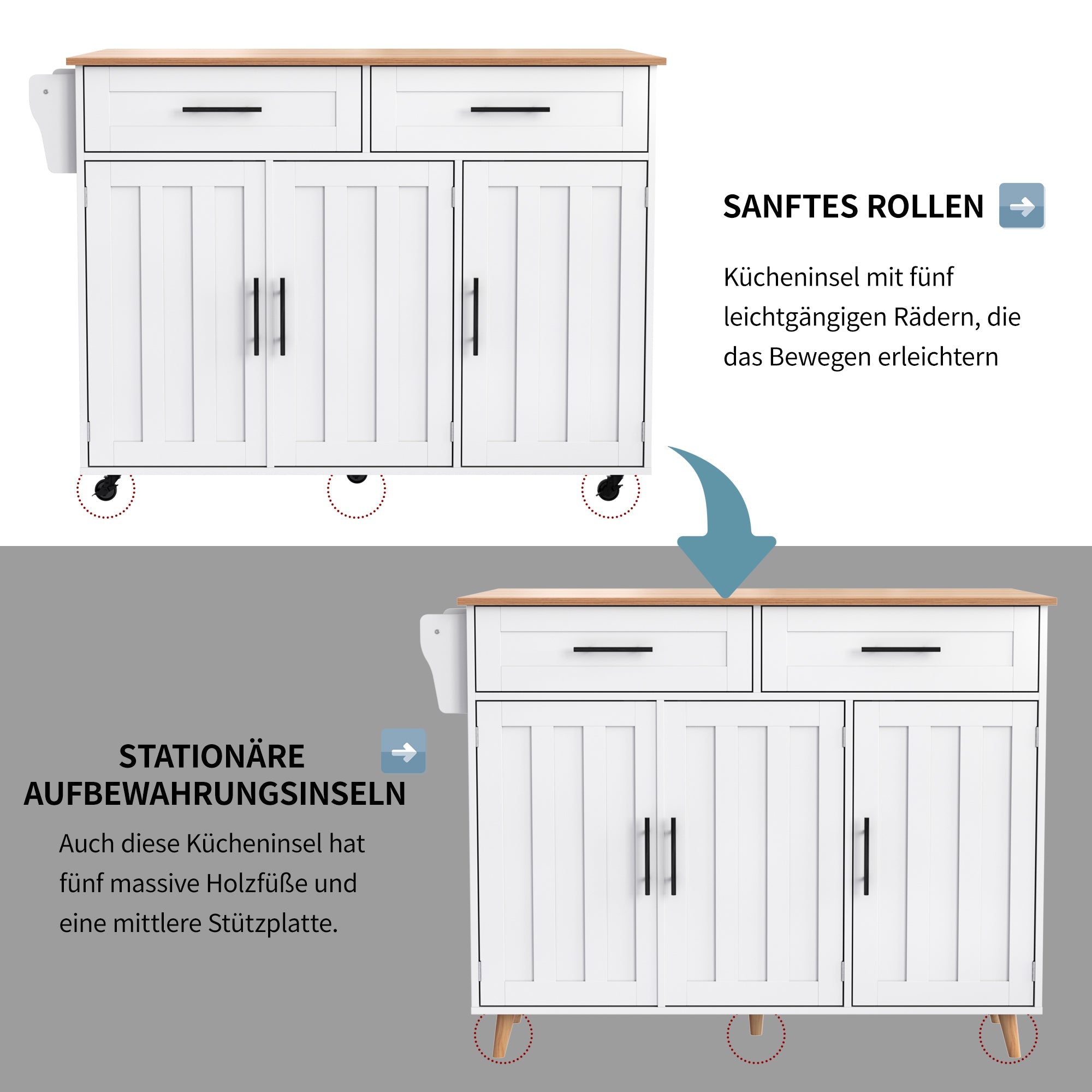 Dining Cart/Sideboard with Folding Worktop and Storage, White Cabinet/Solid Wood