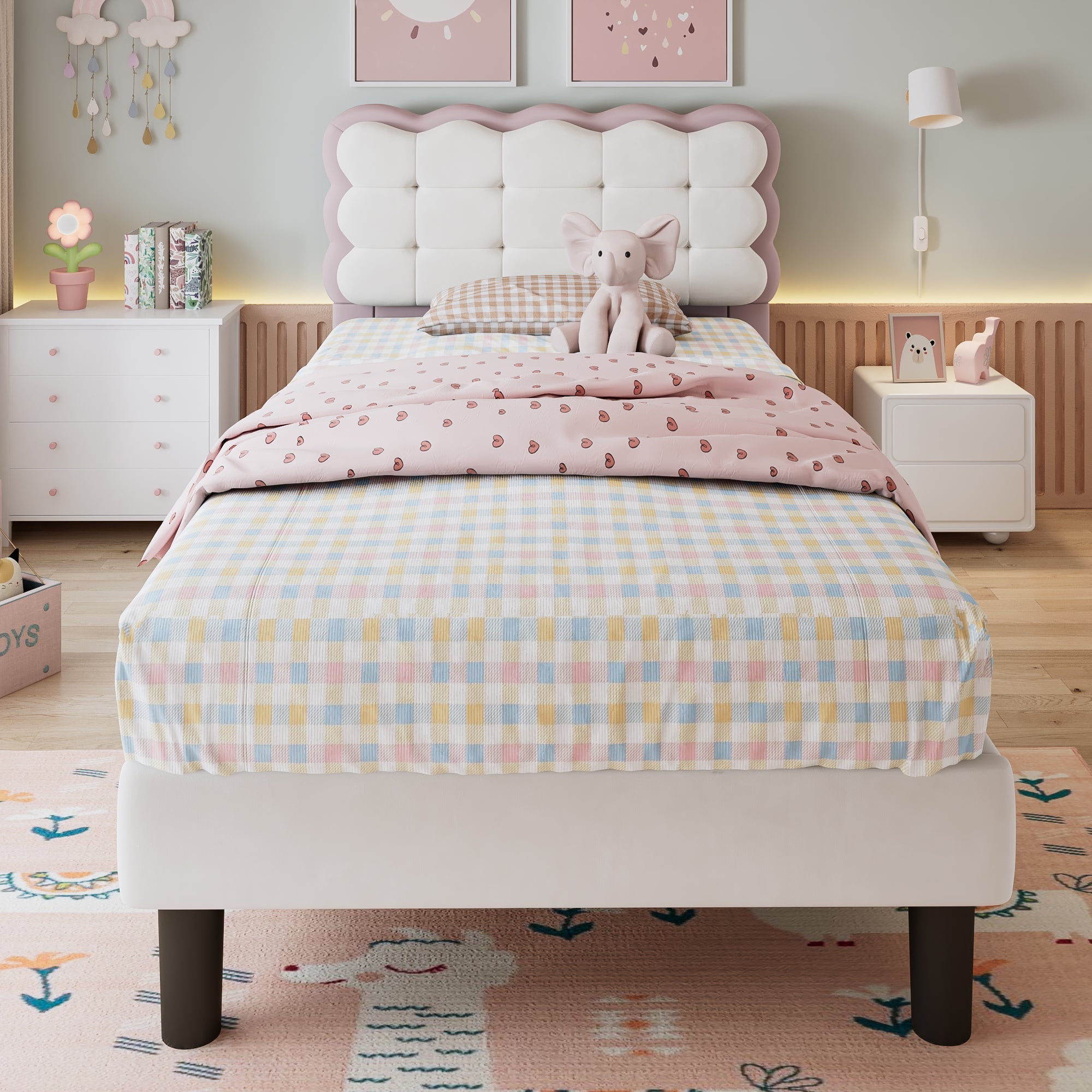 Upholstered Bed, Children's 3ft Single Biscuit Velvet Backrest, Beige+Pink