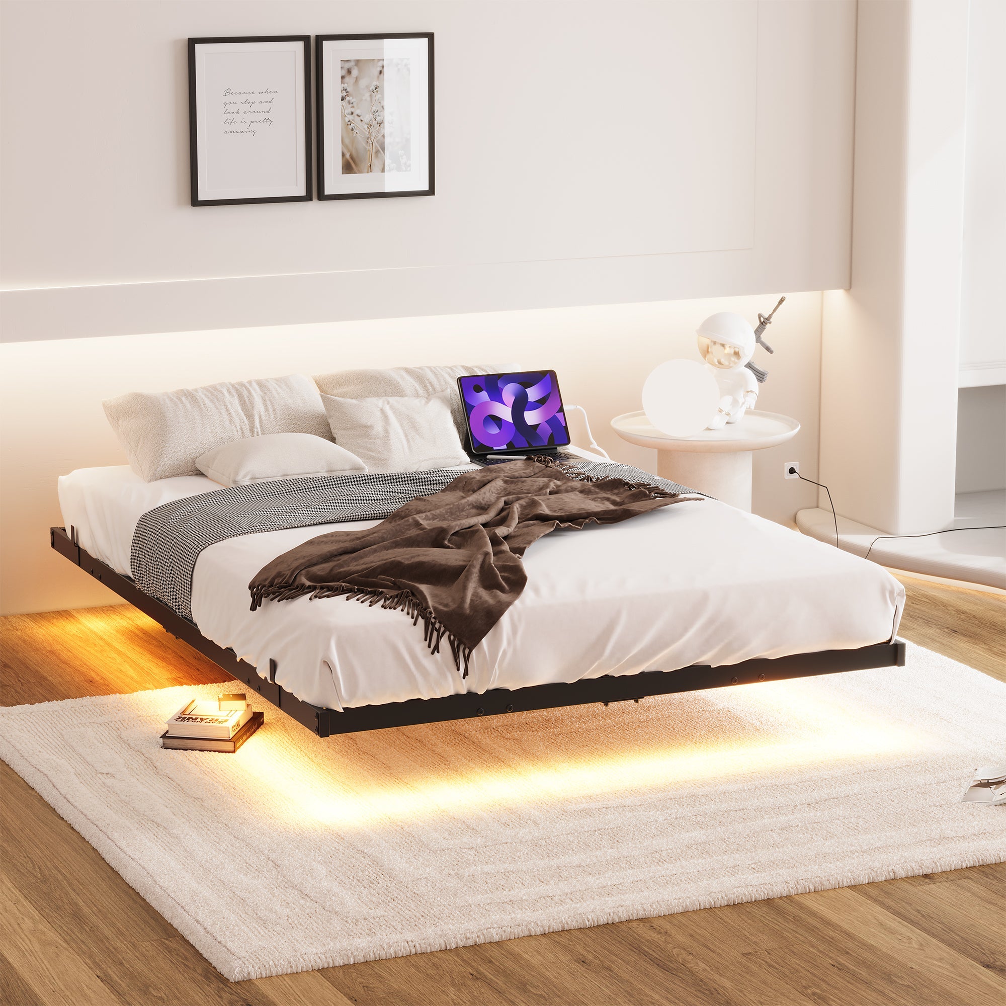 Floating Bed Frame 120x200cm LED Charging Station Metal - Black