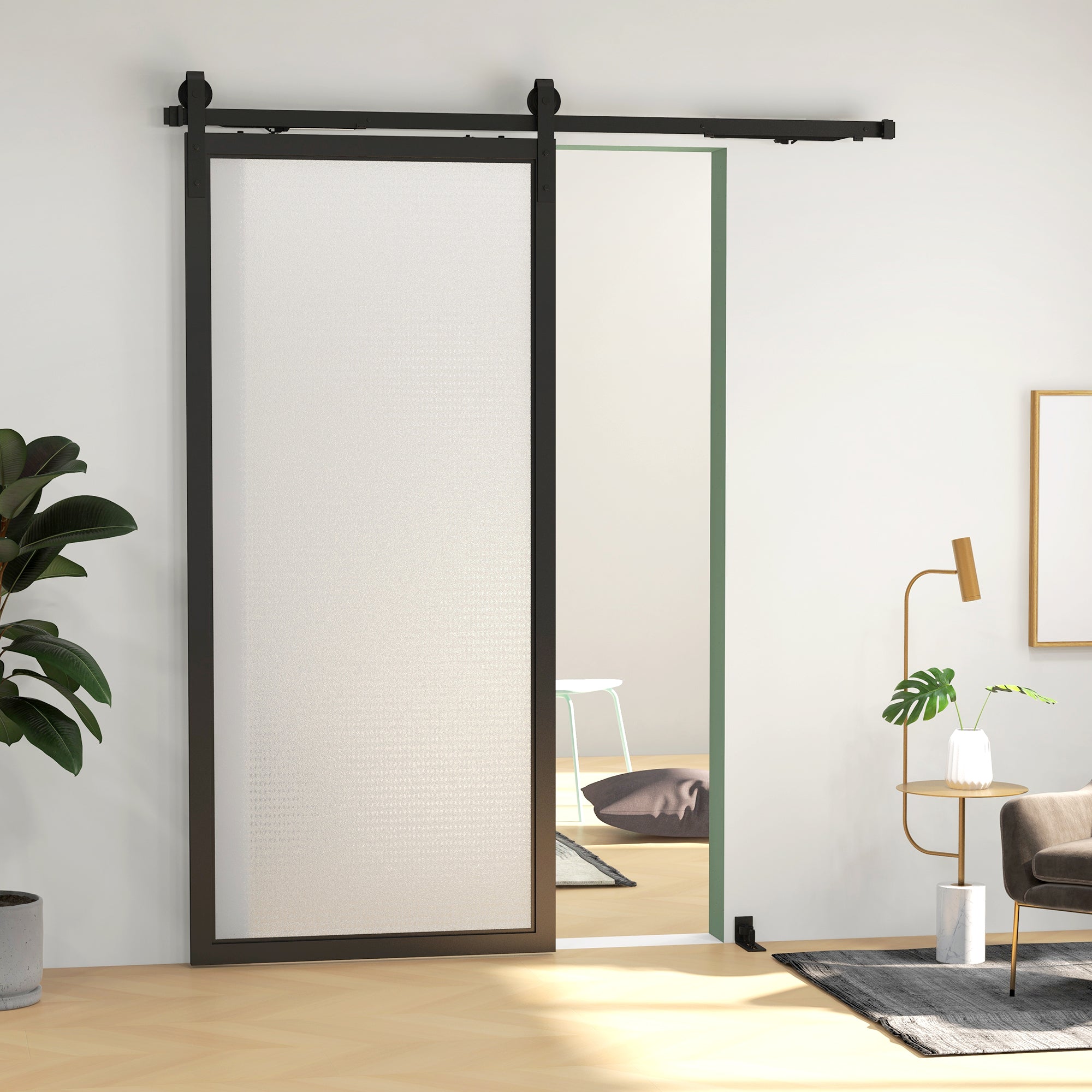 Sliding Door Hardware Set 183cm, Rails Rollers Anti-Jump Devices, Carbon Steel Black