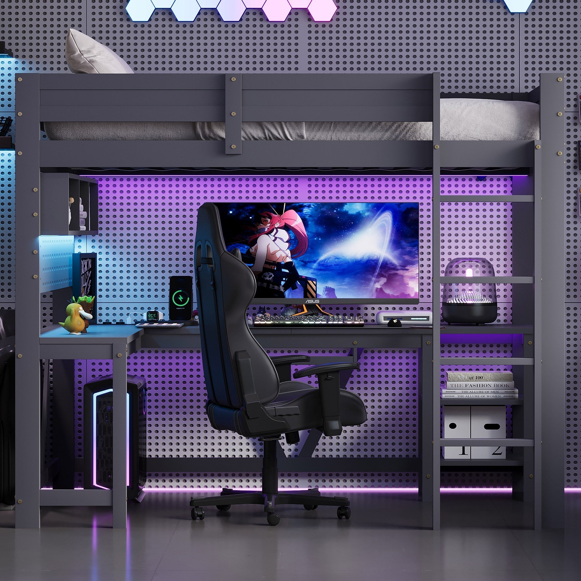 Gaming Loft Bed with Desk, LED Lighting and Charging Station, 90 x 200 cm, Grey Wood