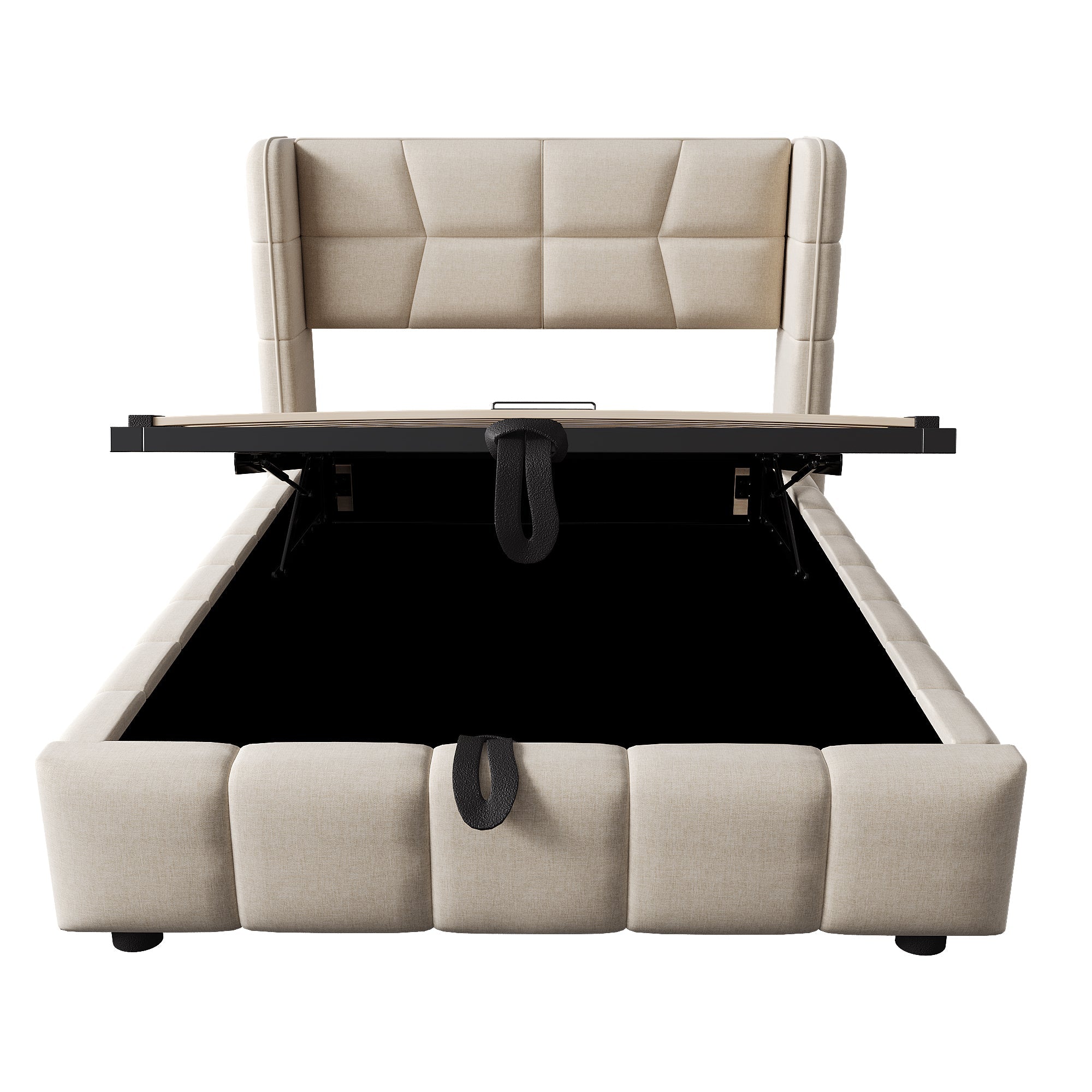 Upholstered Bed with Pneumatic Storage System and Headboard, 90 x 200 cm, Beige Linen