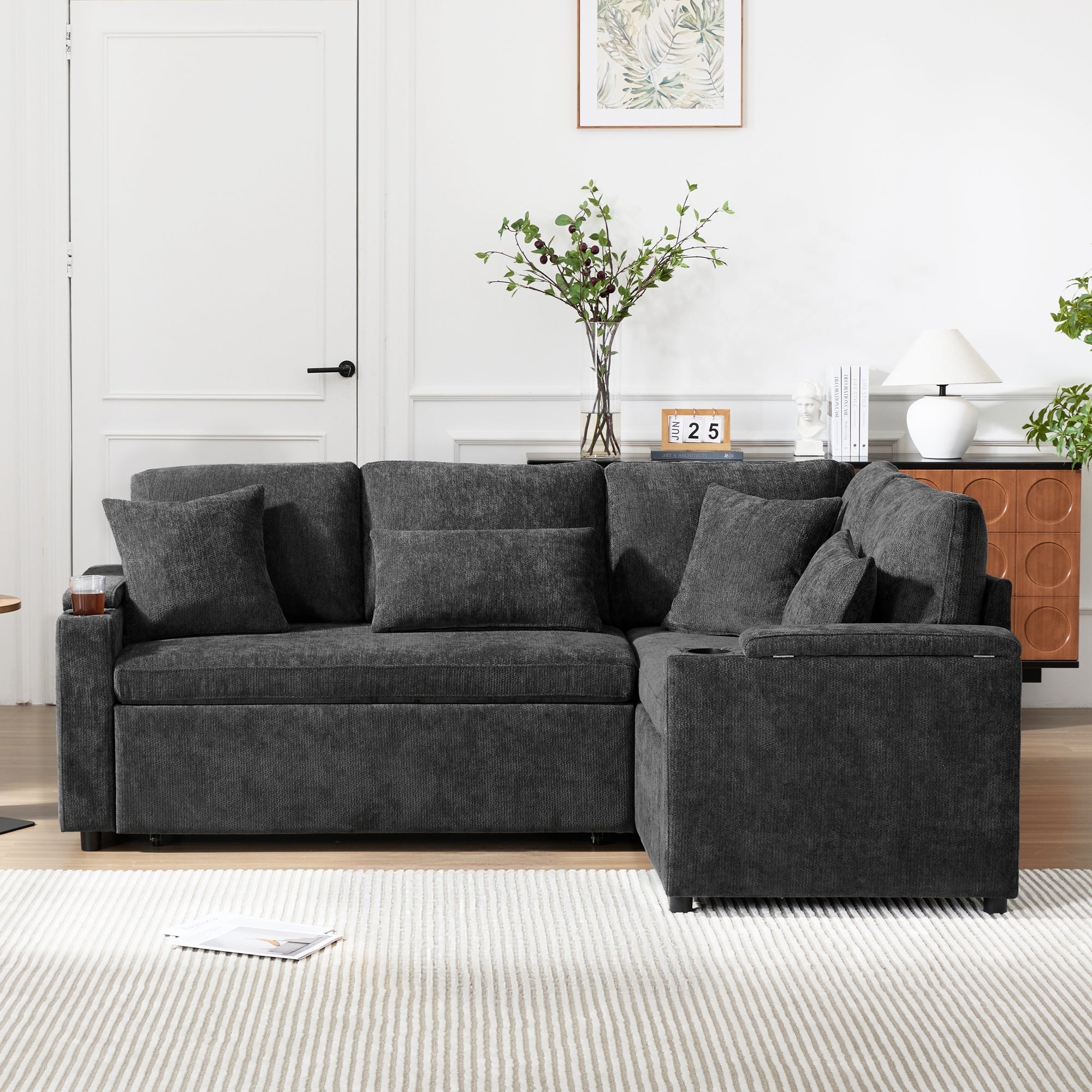 L-Shaped Extendable Sofa, Convertible Chaise Storage USB Cup Holders, Gray