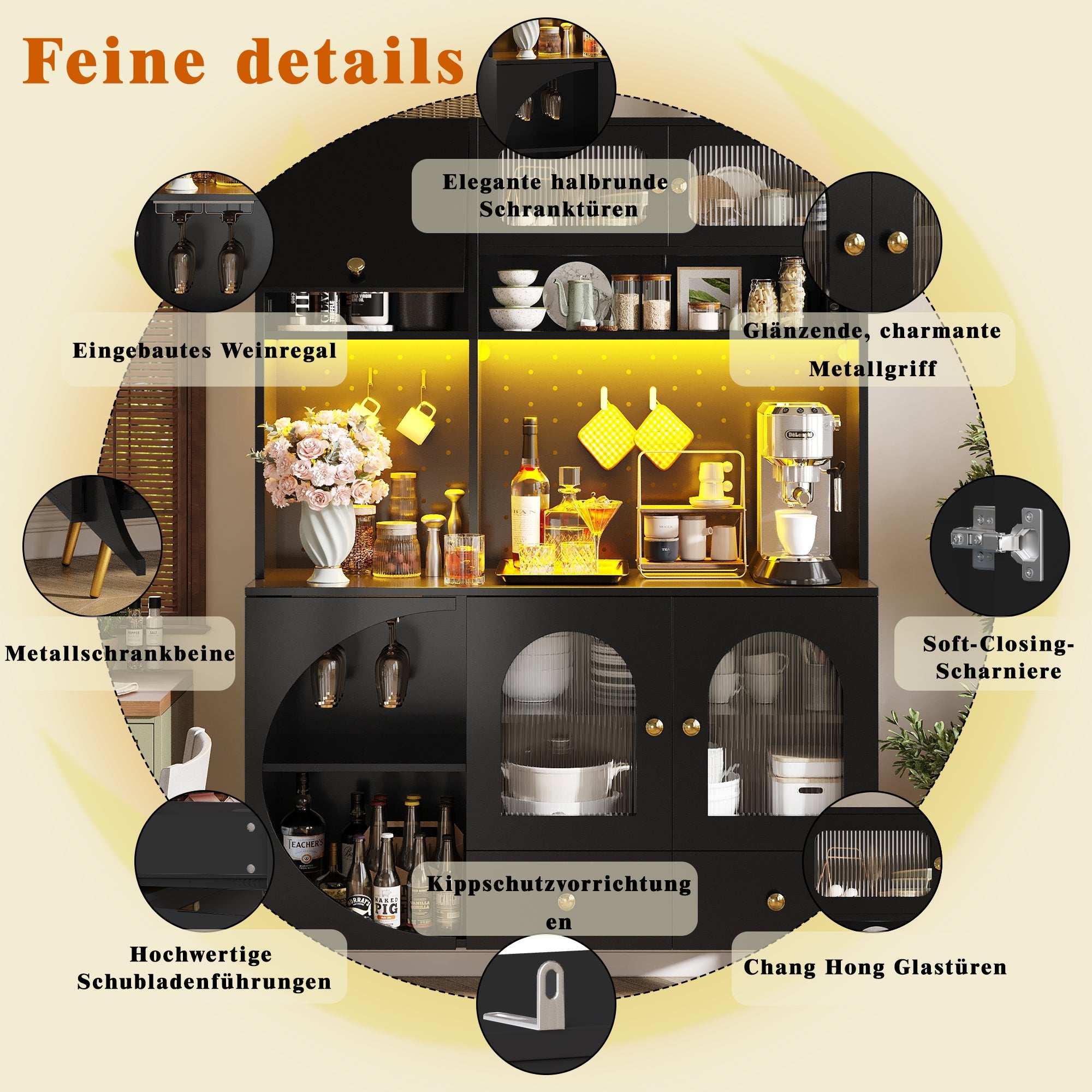 Modern Sideboard with LED Lighting, USB Ports and Sockets, Black