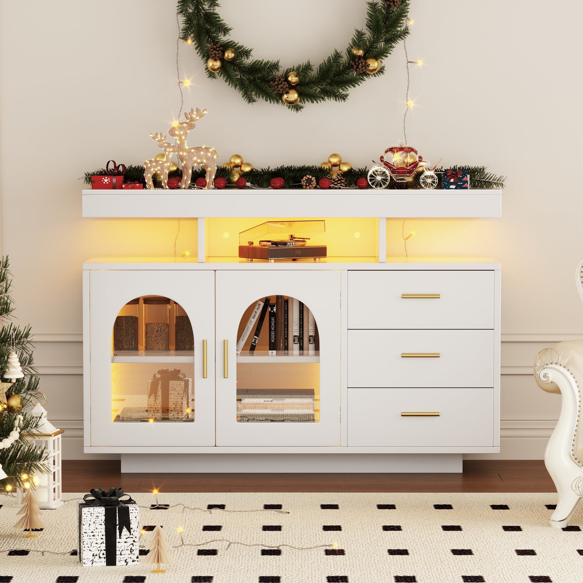 LED Sideboard Buffet 120cm High Gloss Coffee Bar Drawer Cabinet 16 Color Lights White