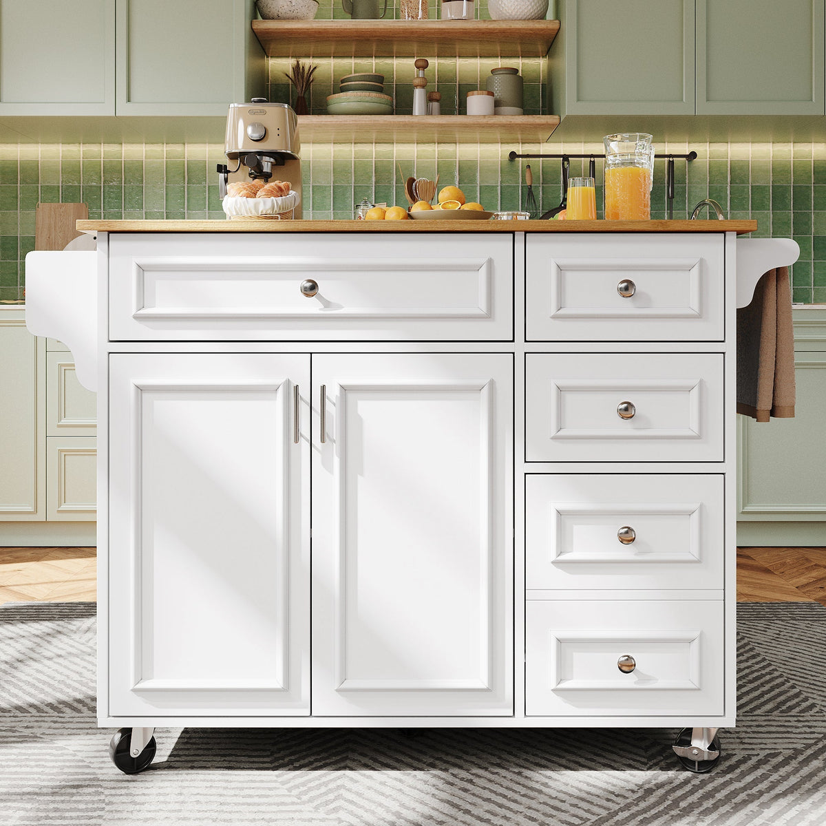 Kitchen Island Multifunctional Dining Table Removable Trolley Storage - White