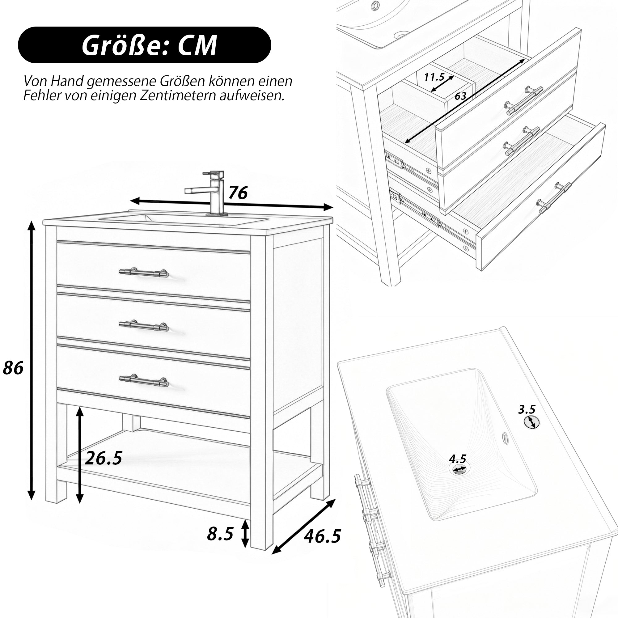 Bathroom Vanity Unit with Ceramic Sink and 2 Drawers, White and Gold
