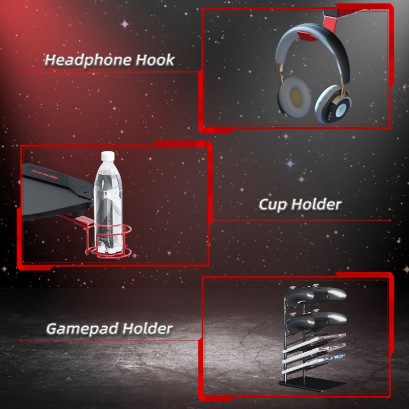 Gaming Desk with Headphone Hook, Cup Holder, Gamepad Rack, Carbon Fibre Black and Red