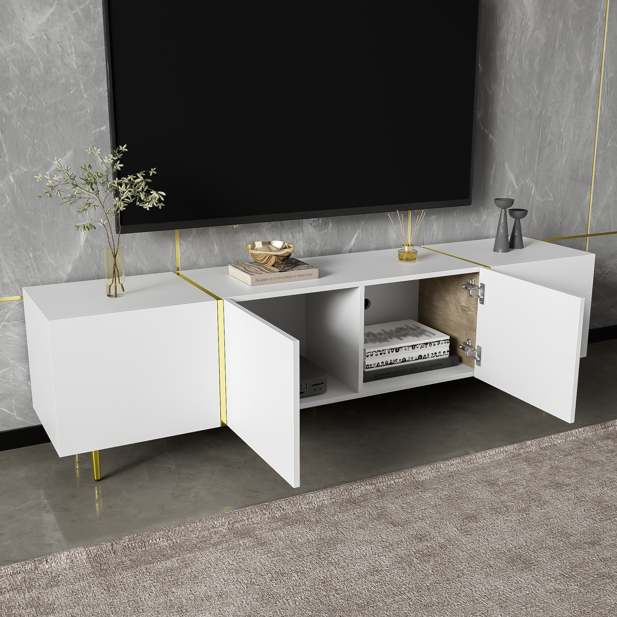 High-gloss TV cabinet with four doors, modern and simple, in white