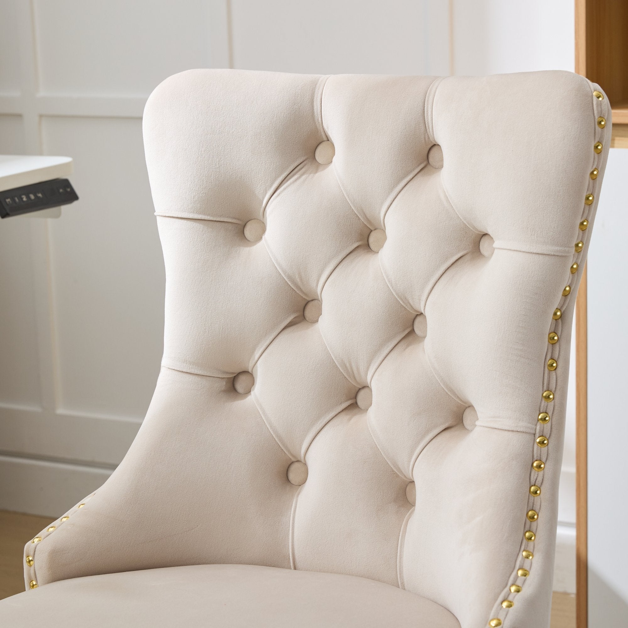 Home Office Chair Tufted Adjustable Swivel Golden Base - Beige Velvet