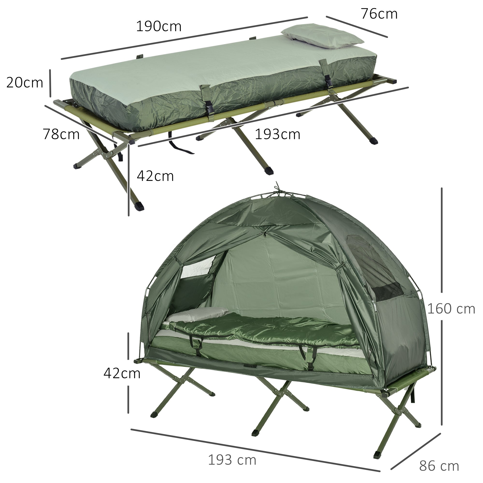 4-in-1 Camping Bed Set Tent Sleeping Bag Mattress Foldable, Dark Green