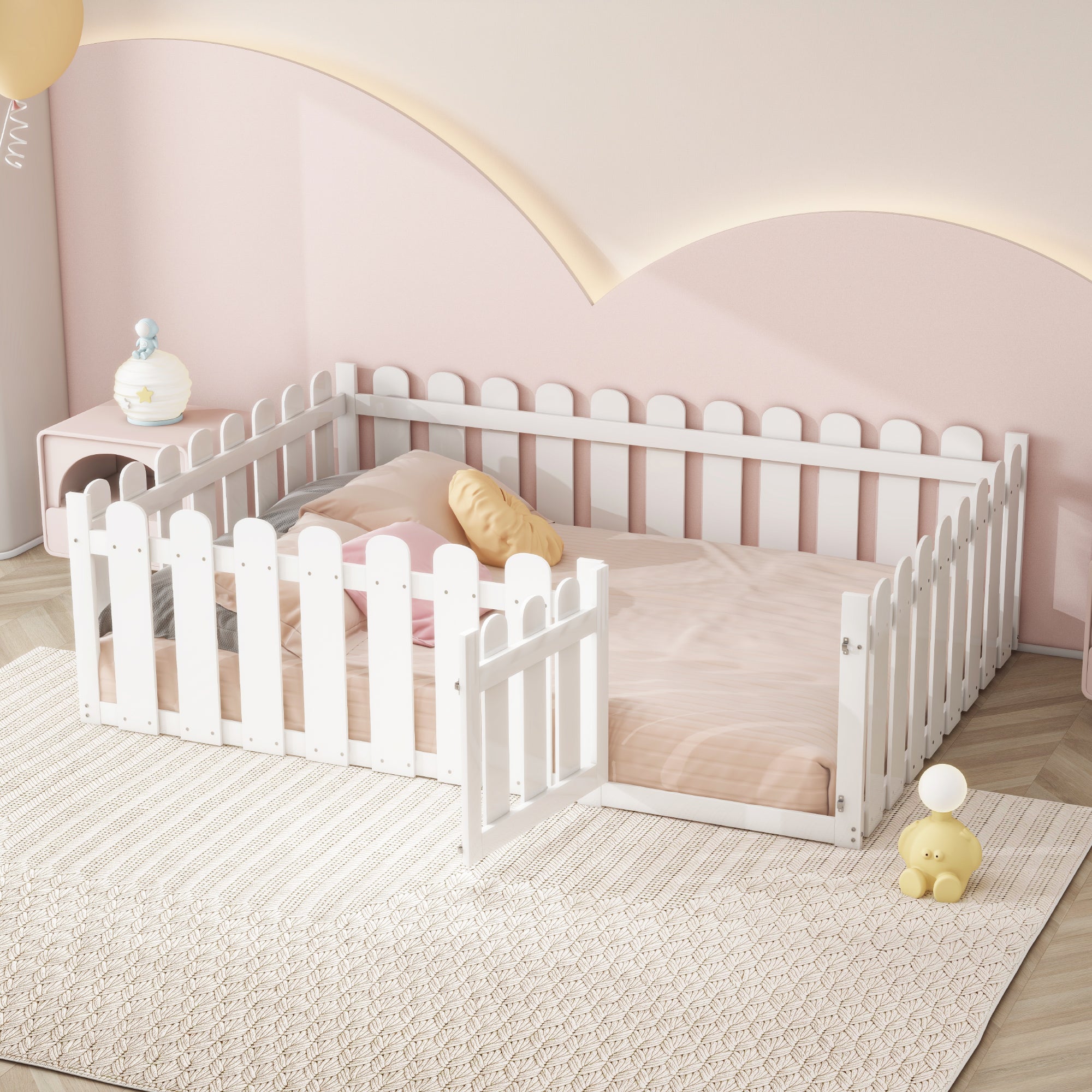Children's Bed 140x200cm, Wooden Frame with Door & Surround, White