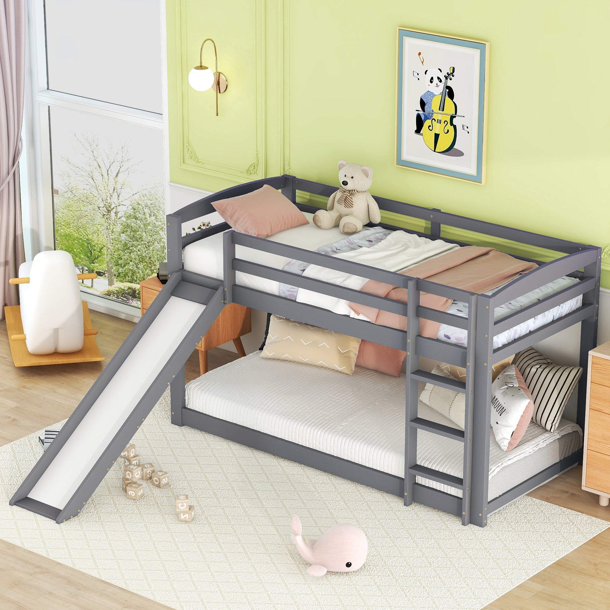 Bunk Bed 90x200cm with Slide Solid Wood Frame - Grey