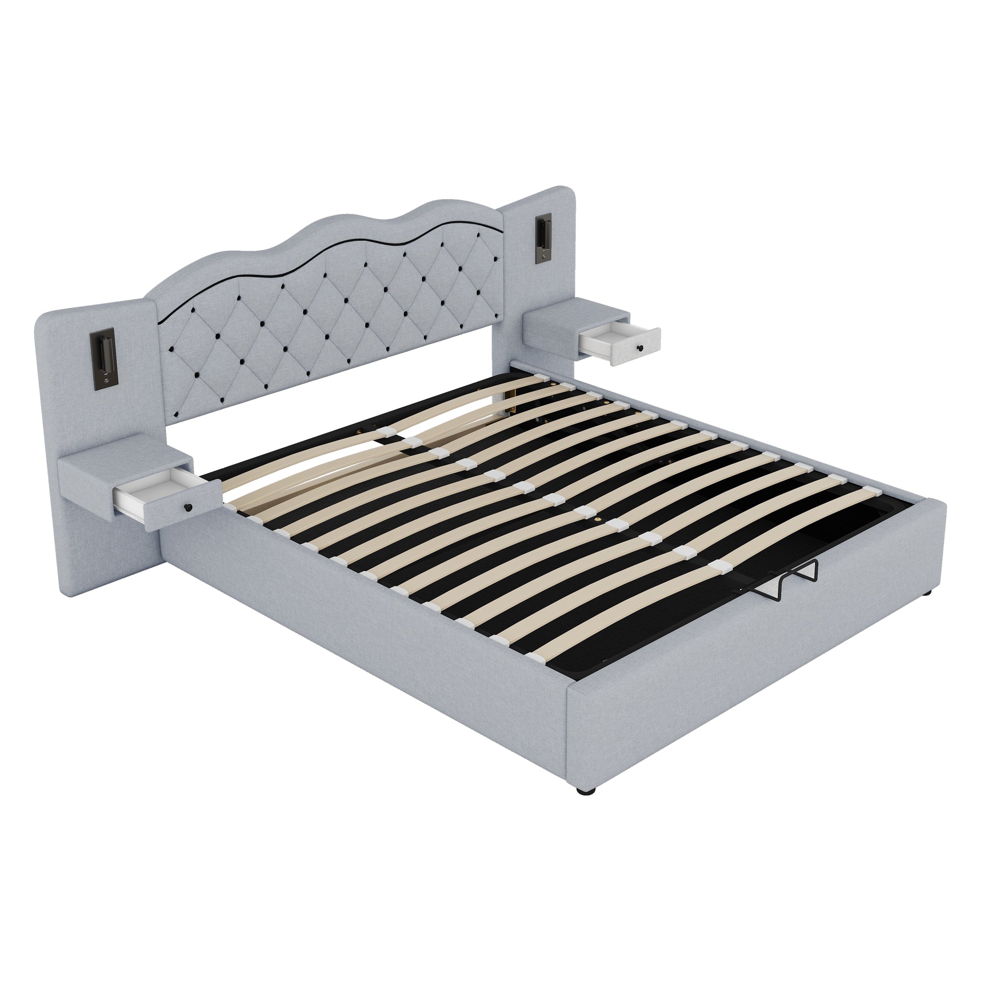 Upholstered Flat Bed with Hydraulic Lifting Mechanism, USB Ports and Storage, Grey