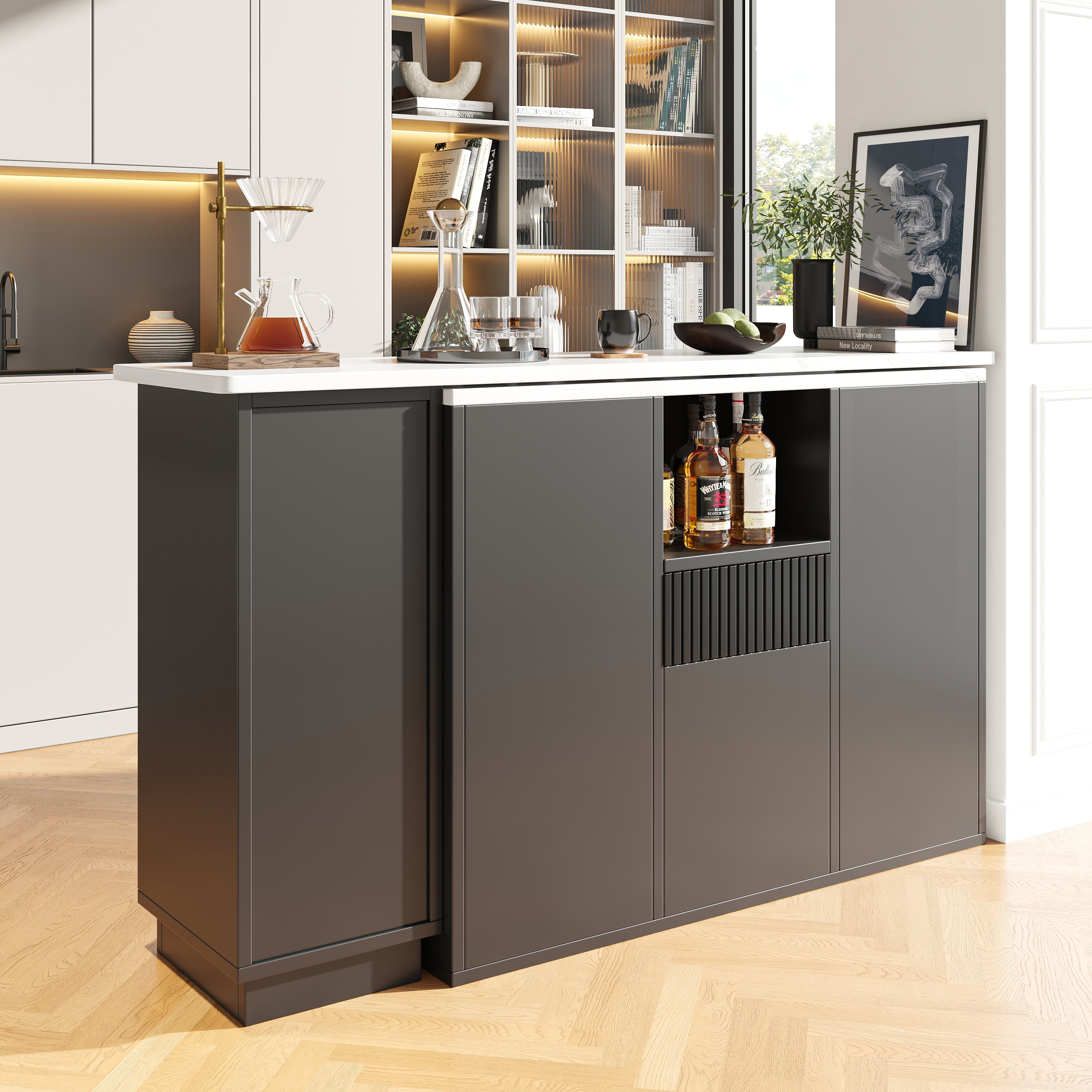 Bar Table 360° Rotating, Open Storage, Multifunctional Island, Black/Marble