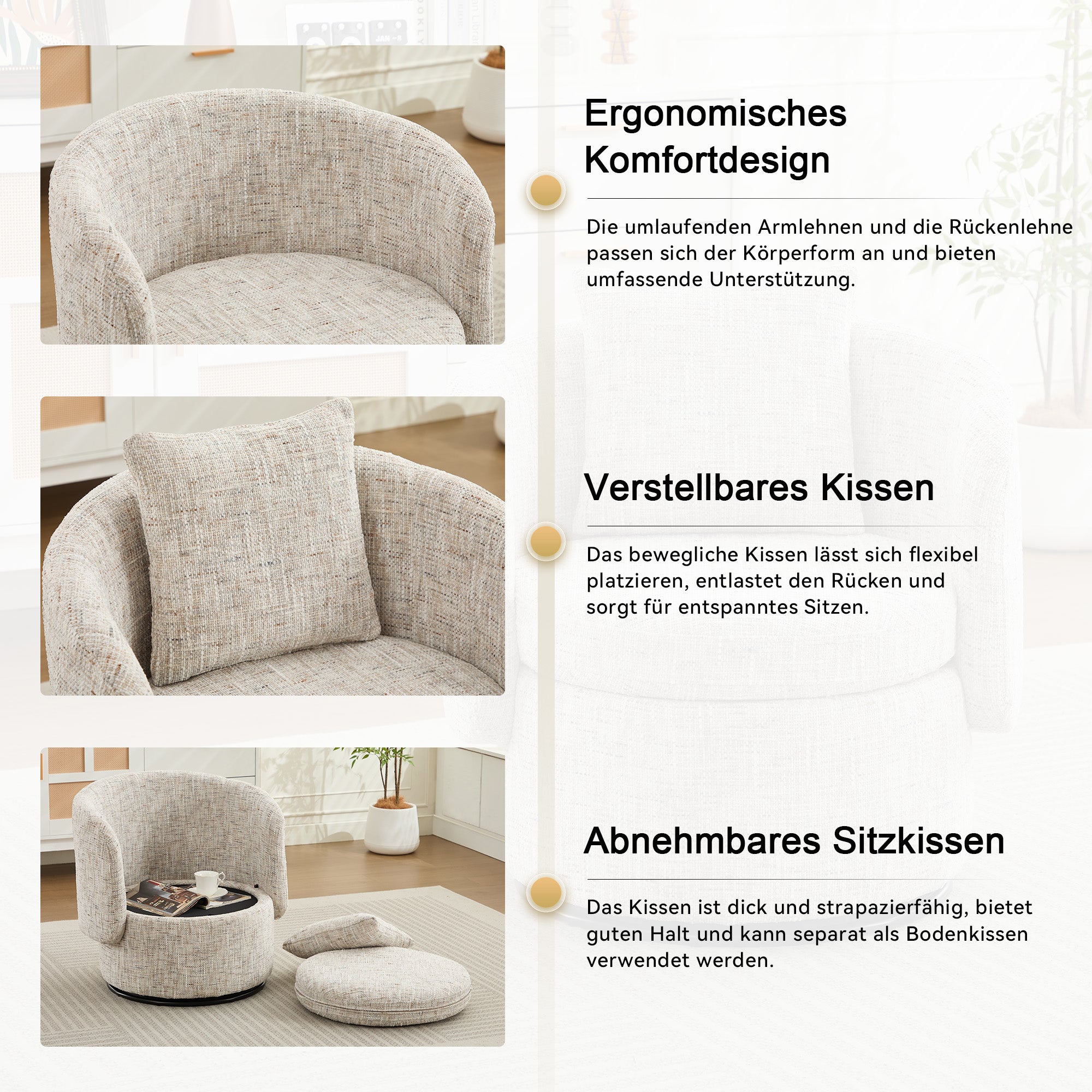 Swivel Accent Chair 360° Rotating Hidden Storage Cushion - Ivory