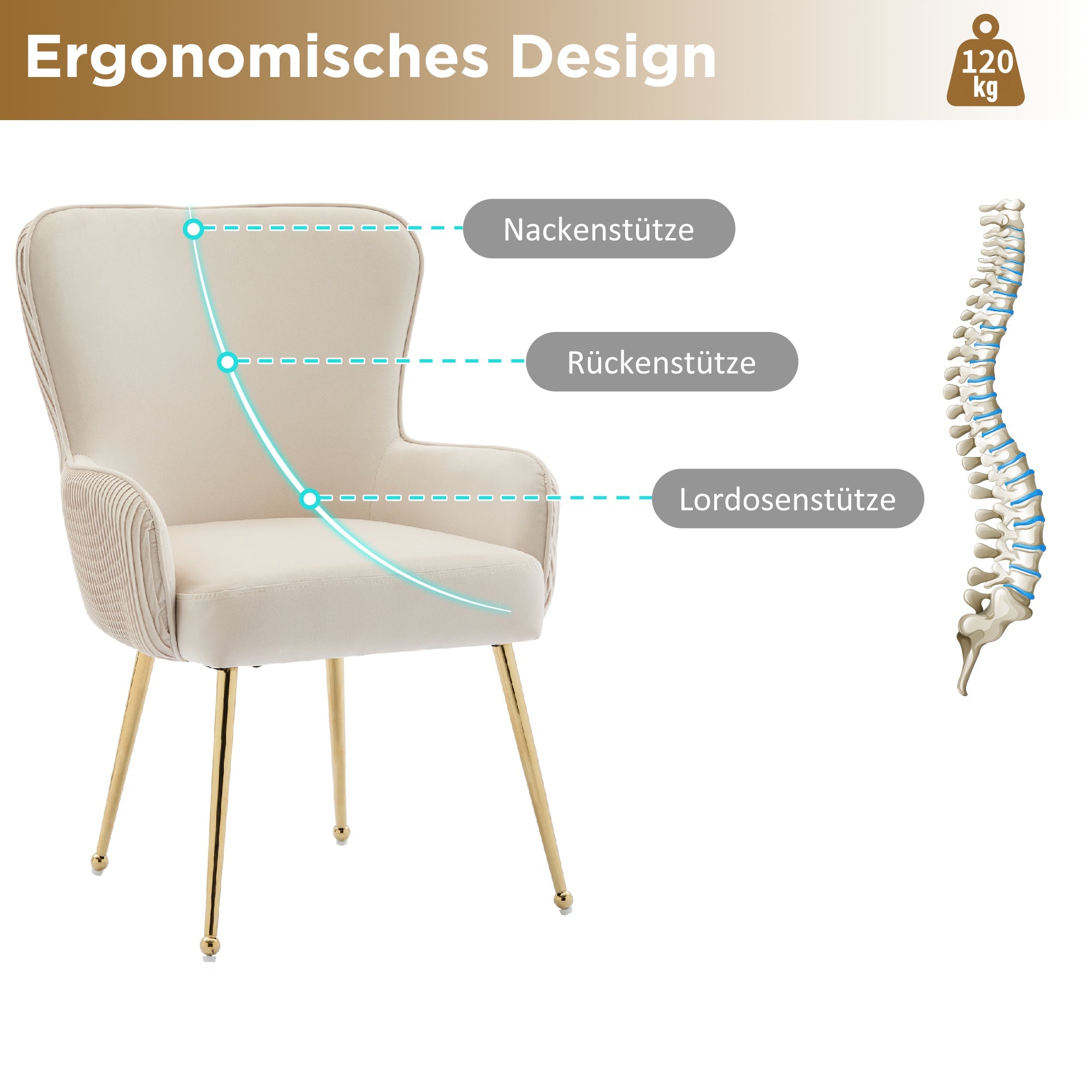 Velvet Dining Chair Set of 4 Gold Metal Legs Armrests Lumbar Support - Beige