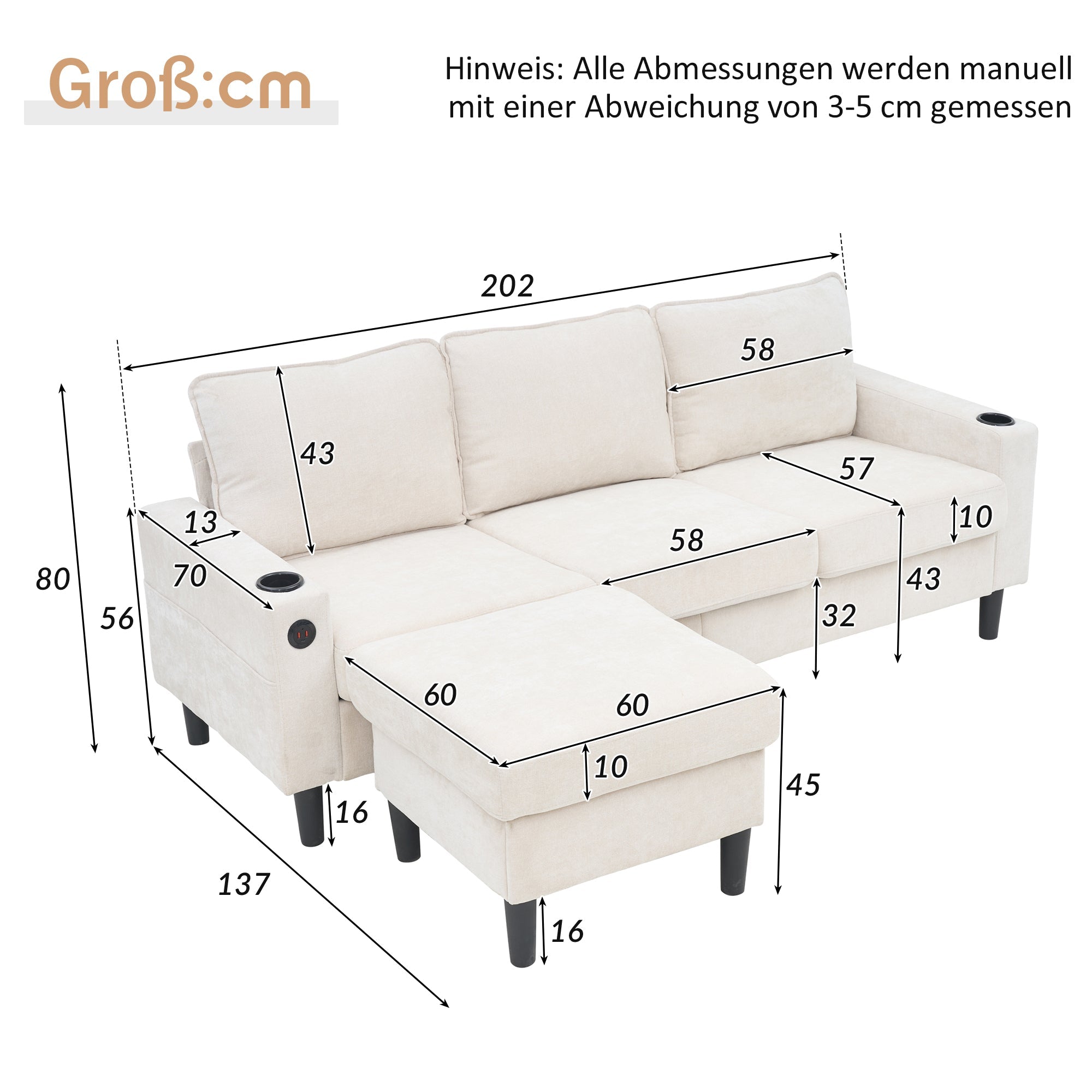Upholstered Sofa, 3-Seater L-Shaped Sofa Bed with USB & Type-C Ports & Cup Holders, Beige