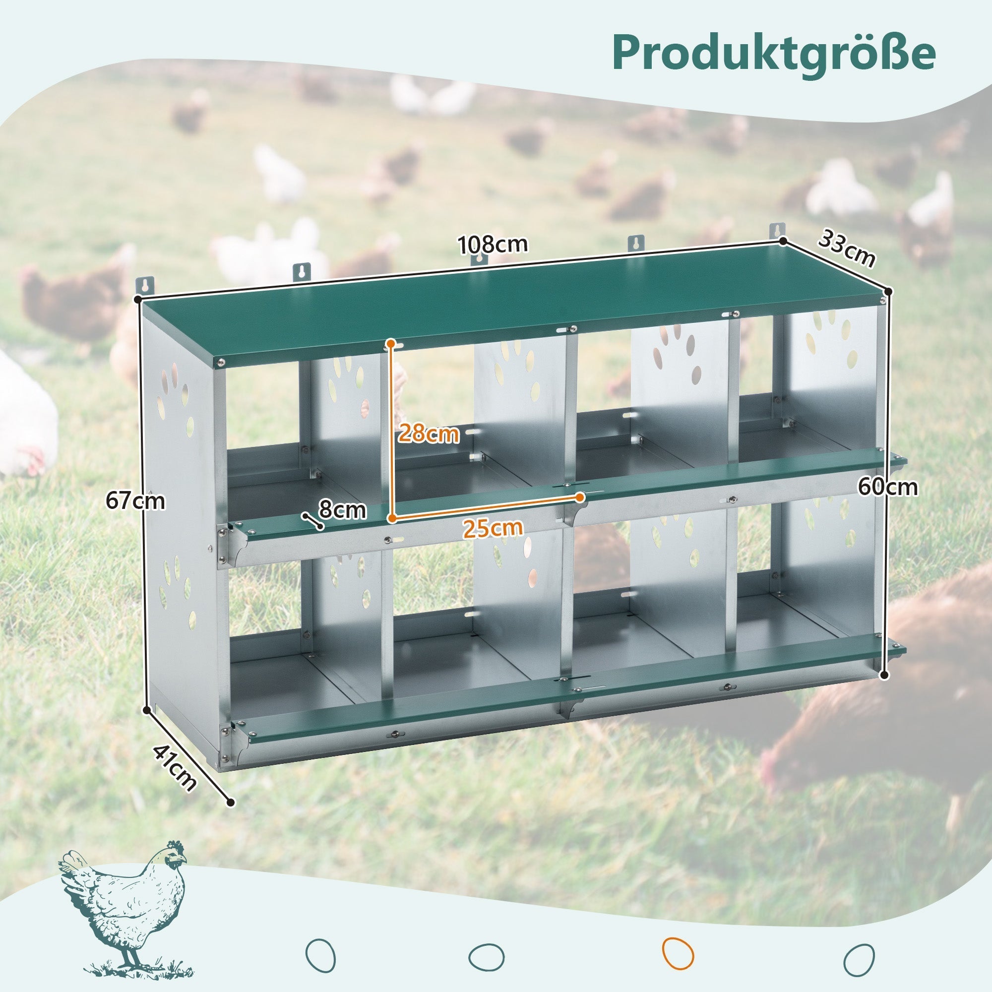 8-Compartment Chicken Nesting Boxes, Wall-Mounted Roll Away Design with Ventilation, Galvanized Steel