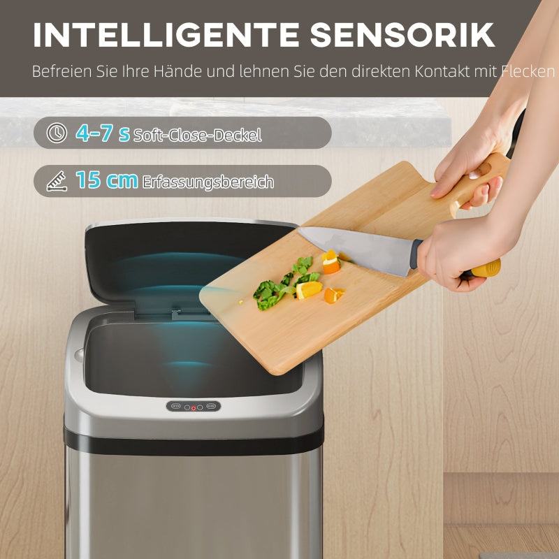 Sensor Trash Can 48L Automatic Closing - Stainless Steel Silver Tone