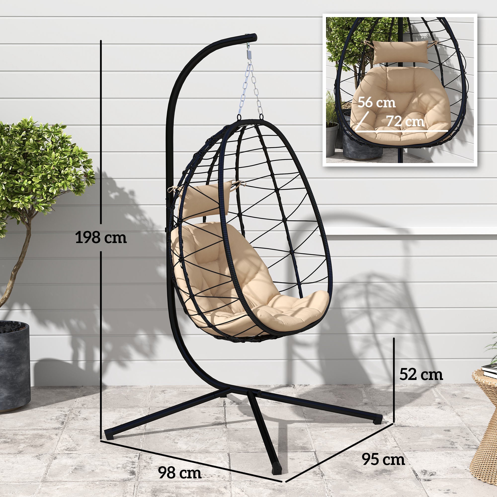 Hanging Egg Chair, Indoor Outdoor Swing Chair with Folding Basket & Stand, Khaki