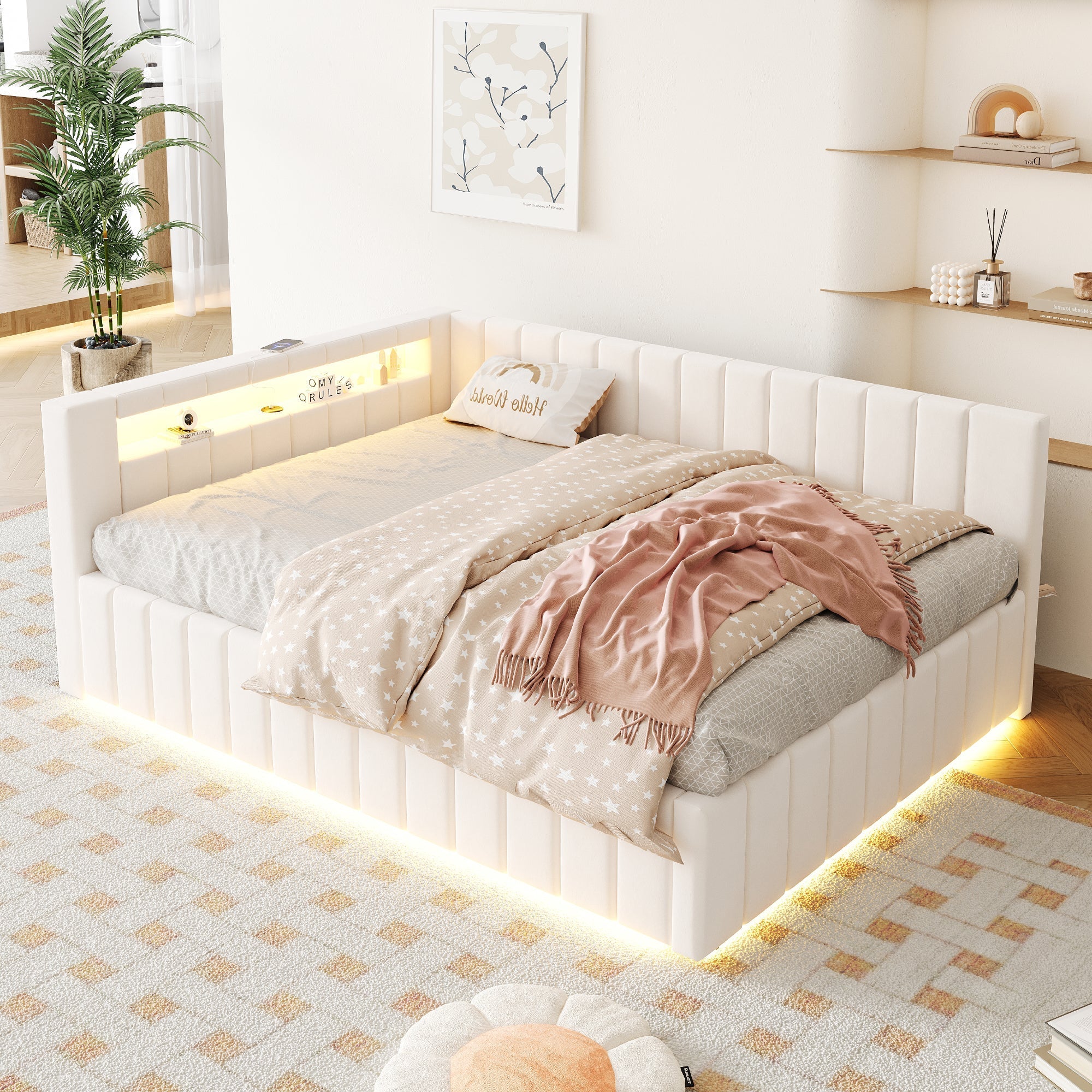 Upholstered Sofa Bed 140x200 Hydraulic Storage LED USB Port, Beige Velvet